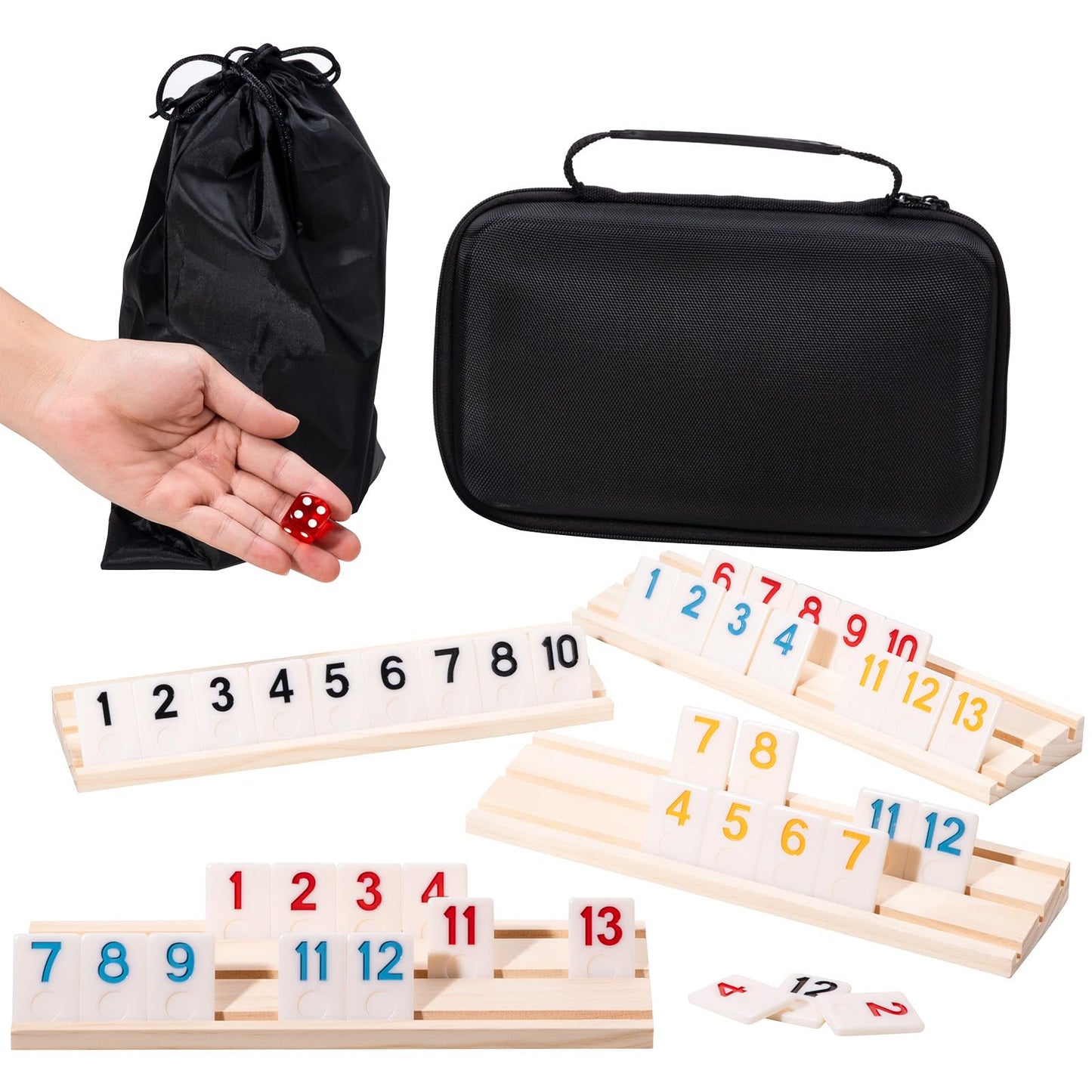 OZFRHO Rummy Cube Game Set - 106 Tiles, 4 Wooden Racks, Portable Case | Family Travel Board Game