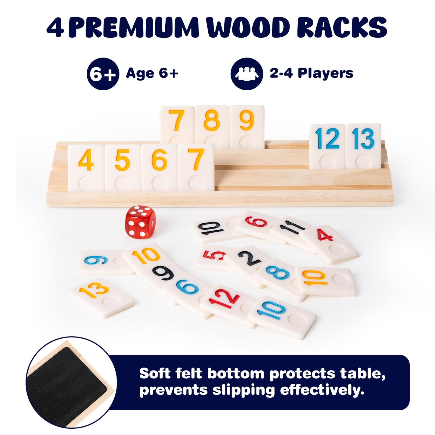 OZFRHO Rummy Cube Game Set - 106 Tiles, 4 Wooden Racks, Portable Case | Family Travel Board Game