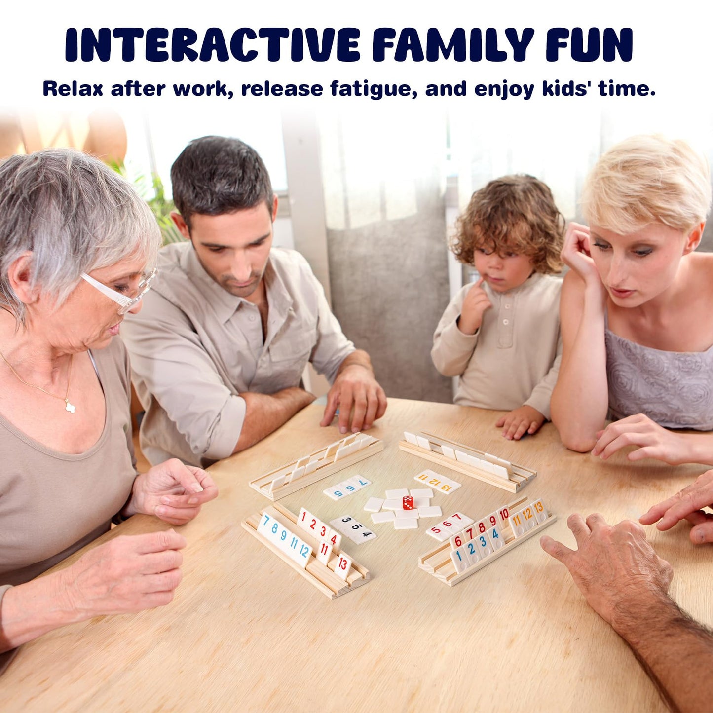OZFRHO Rummy Cube Game Set - 106 Tiles, 4 Wooden Racks, Portable Case | Family Travel Board Game