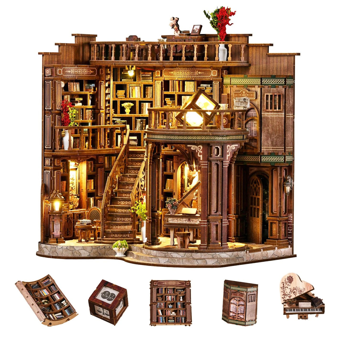 OZJAY Book Nook Kit — DIY Miniature Library for Shelves with Touch LED Glow