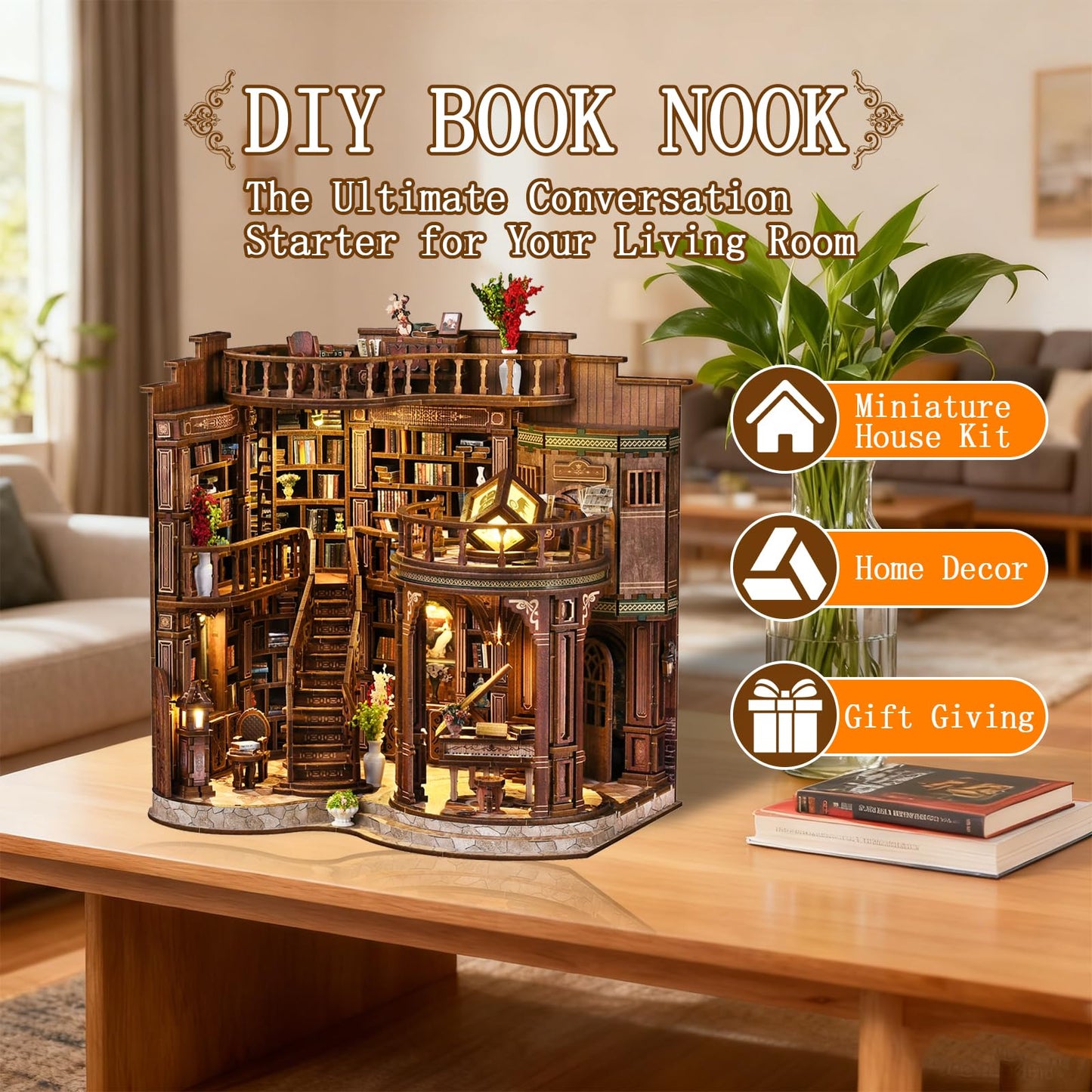 OZJAY Book Nook Kit — DIY Miniature Library for Shelves with Touch LED Glow