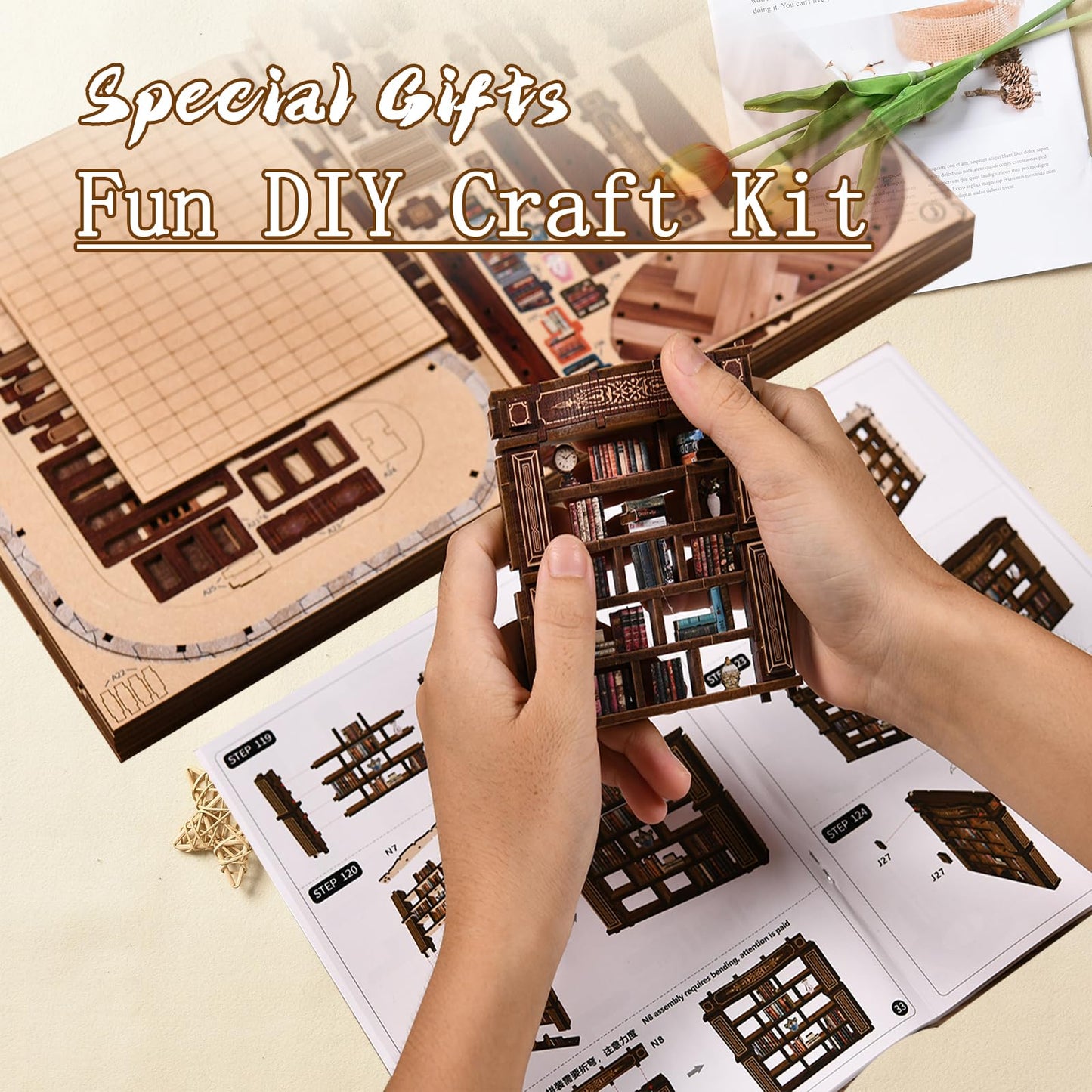 OZJAY Book Nook Kit — DIY Miniature Library for Shelves with Touch LED Glow