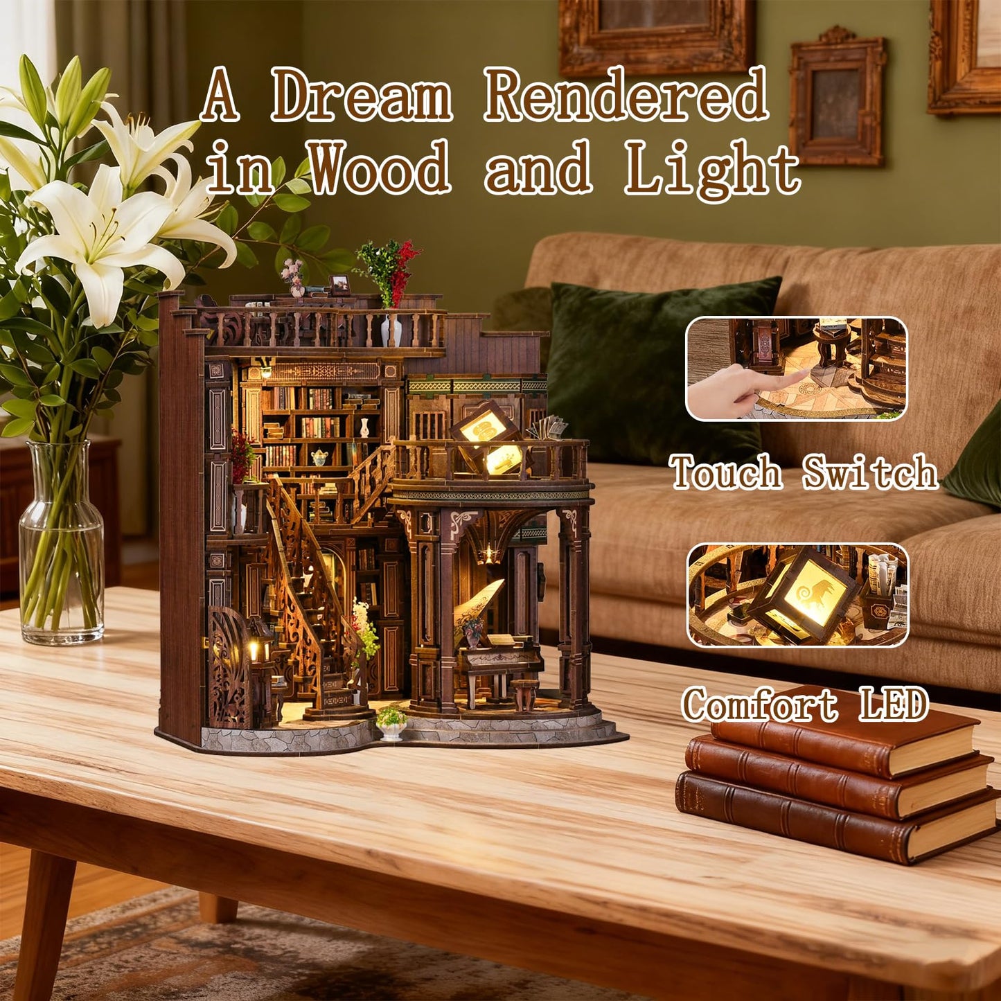 OZJAY Book Nook Kit — DIY Miniature Library for Shelves with Touch LED Glow