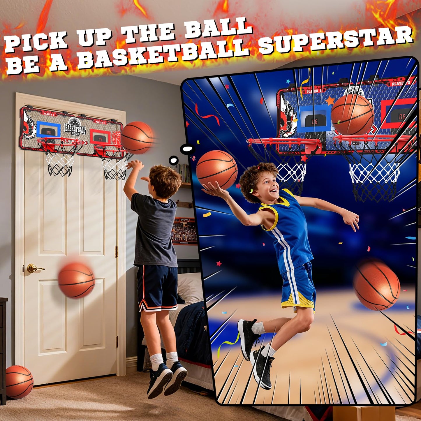 OZMI Double Player Indoor Door Basketball Hoop with LED Scoreboard | 2 Modes