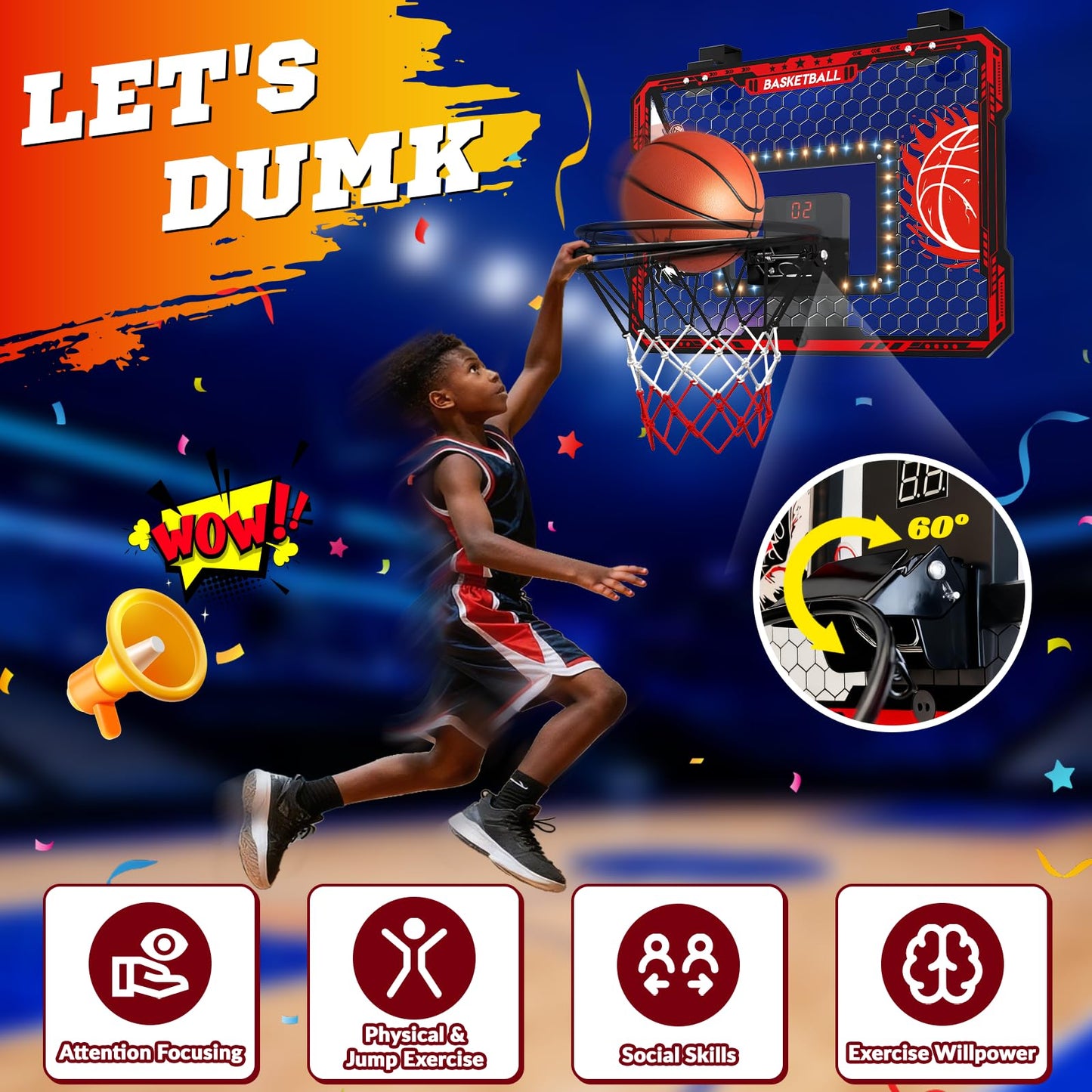 OZMI Over-The-Door Indoor Basketball Hoop for Kids – LED Scoreboard, Slam Dunk Rim, Easy Setup
