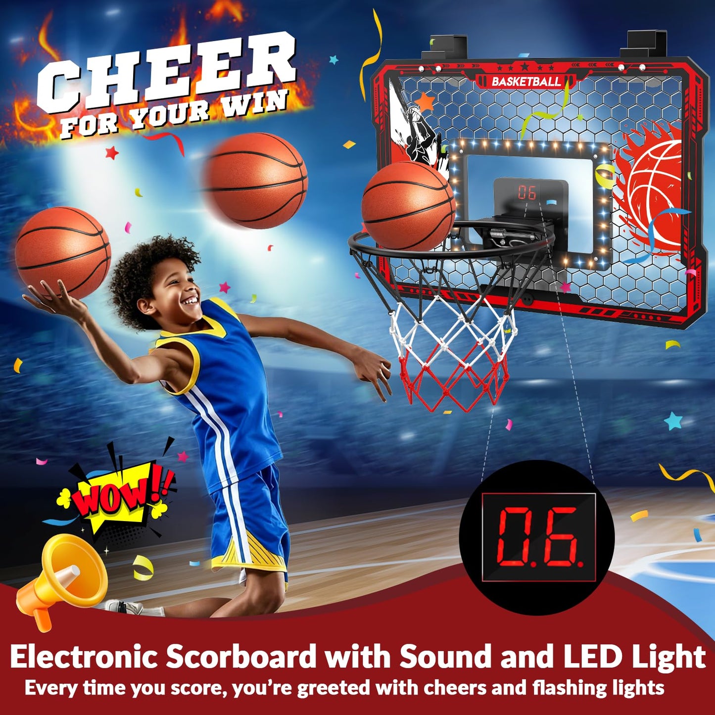 OZMI Over-The-Door Indoor Basketball Hoop for Kids – LED Scoreboard, Slam Dunk Rim, Easy Setup