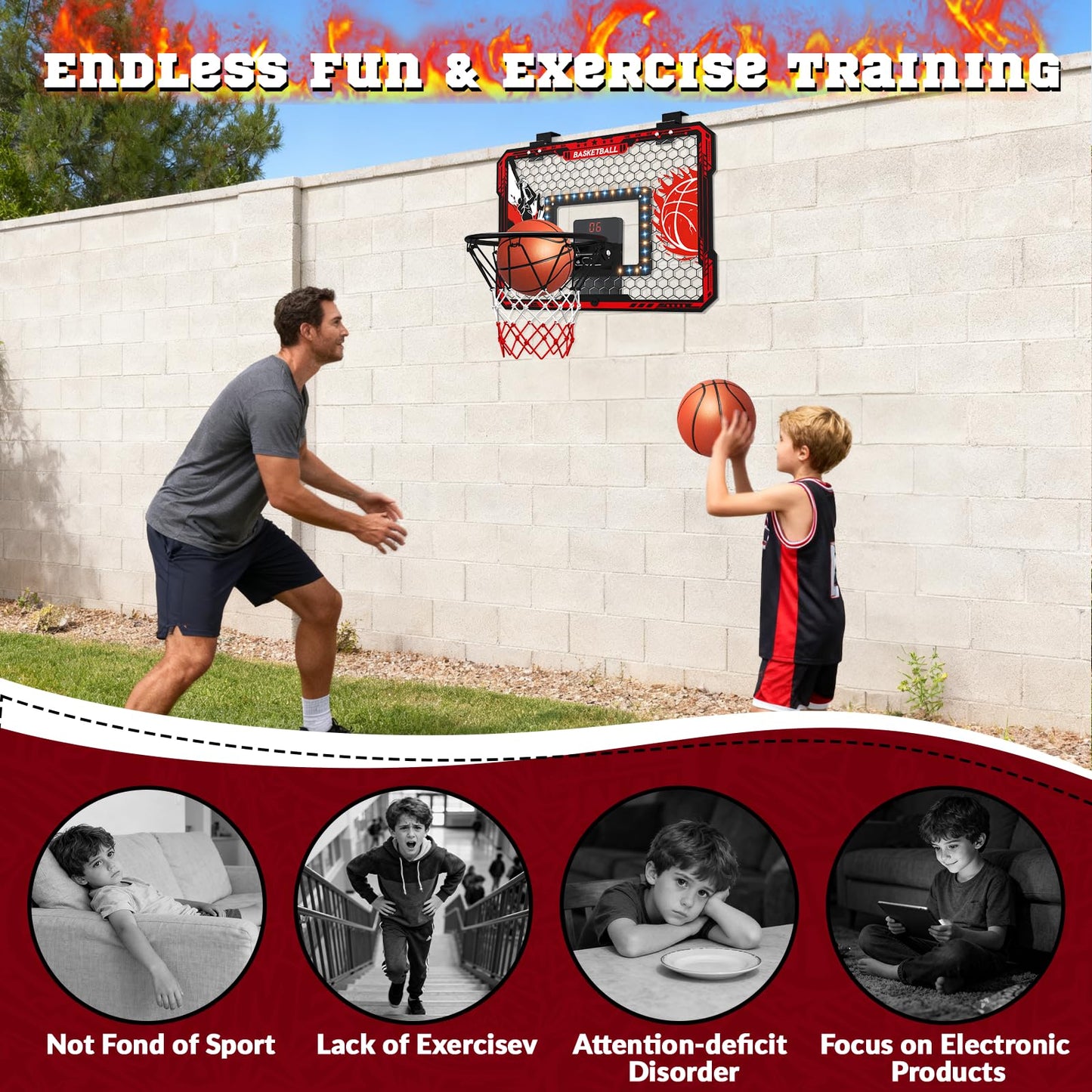 OZMI Over-The-Door Indoor Basketball Hoop for Kids – LED Scoreboard, Slam Dunk Rim, Easy Setup