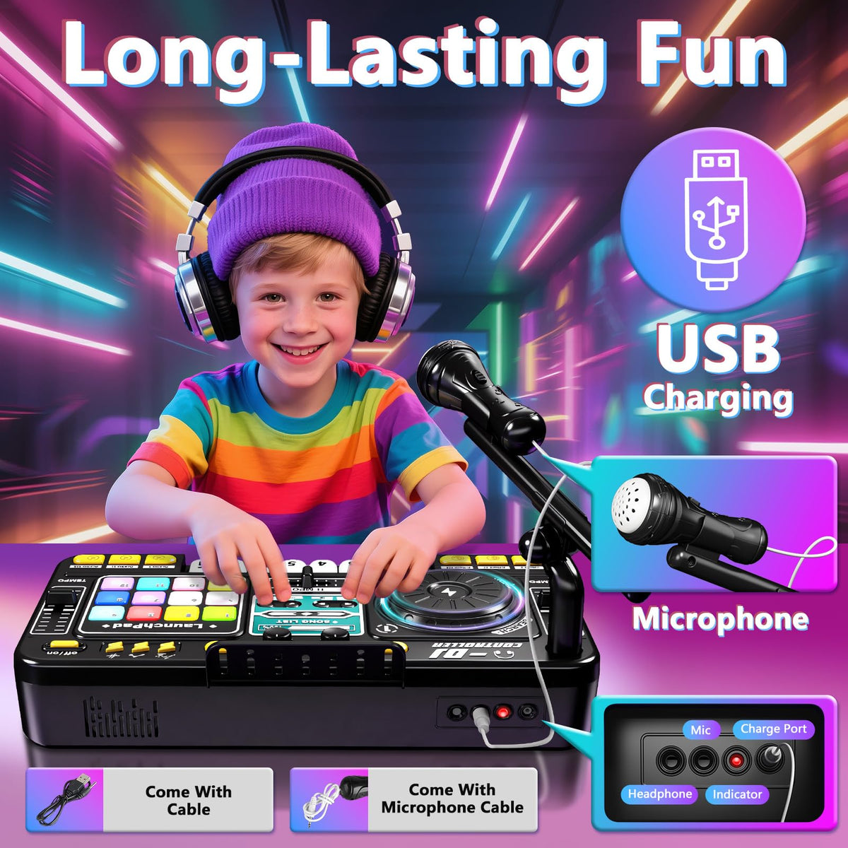 OZMI Kids DJ Music Mixer Table Set – 100+ Sounds, Piano Keys, Disco Lights, Rechargeable