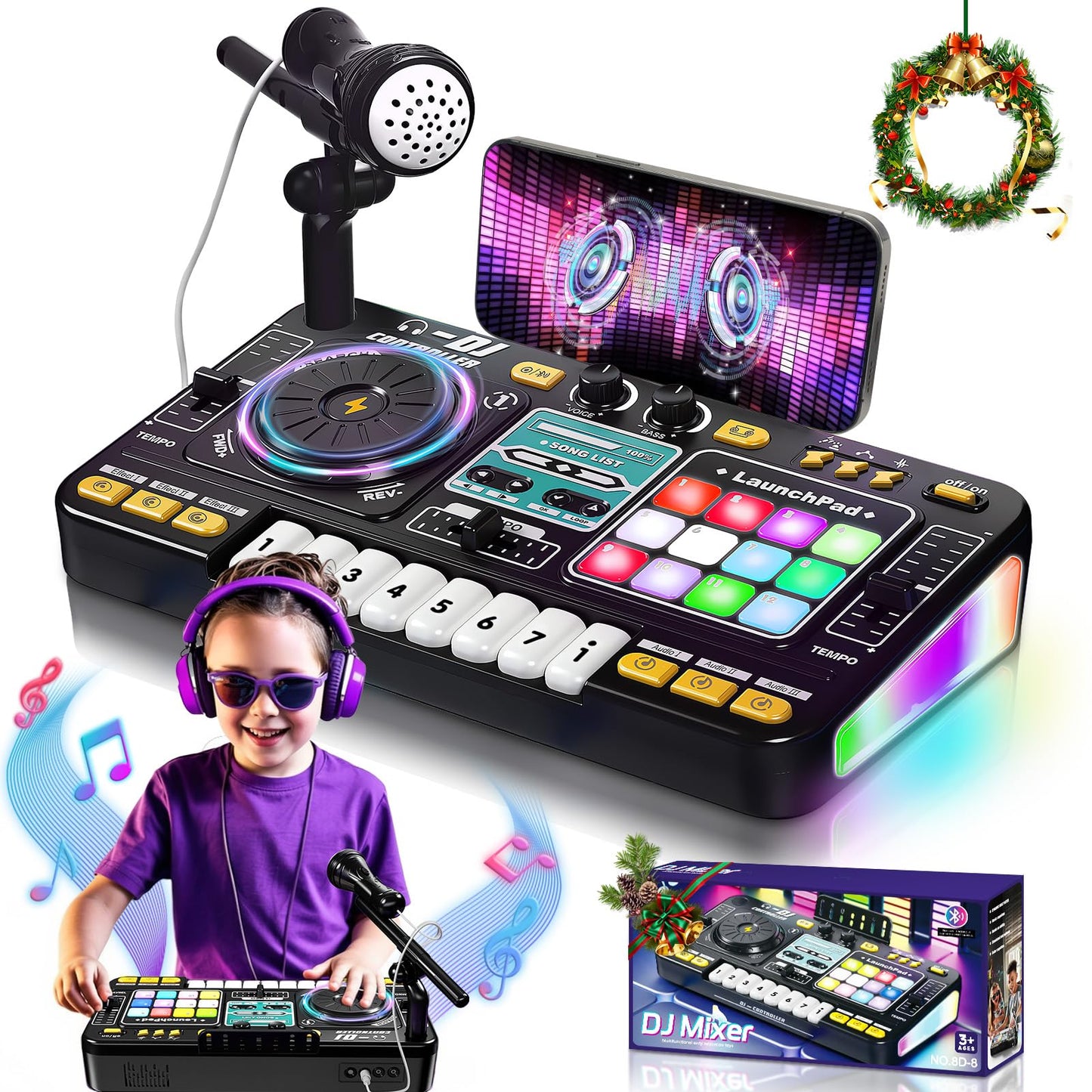 OZMI Kids DJ Music Mixer Table Set – 100+ Sounds, Piano Keys, Disco Lights, Rechargeable