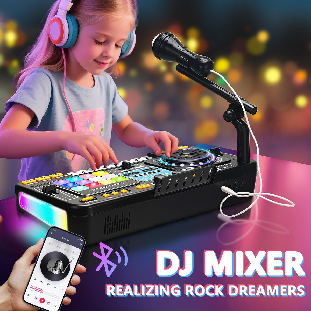 OZMI Kids DJ Music Mixer Table Set – 100+ Sounds, Piano Keys, Disco Lights, Rechargeable