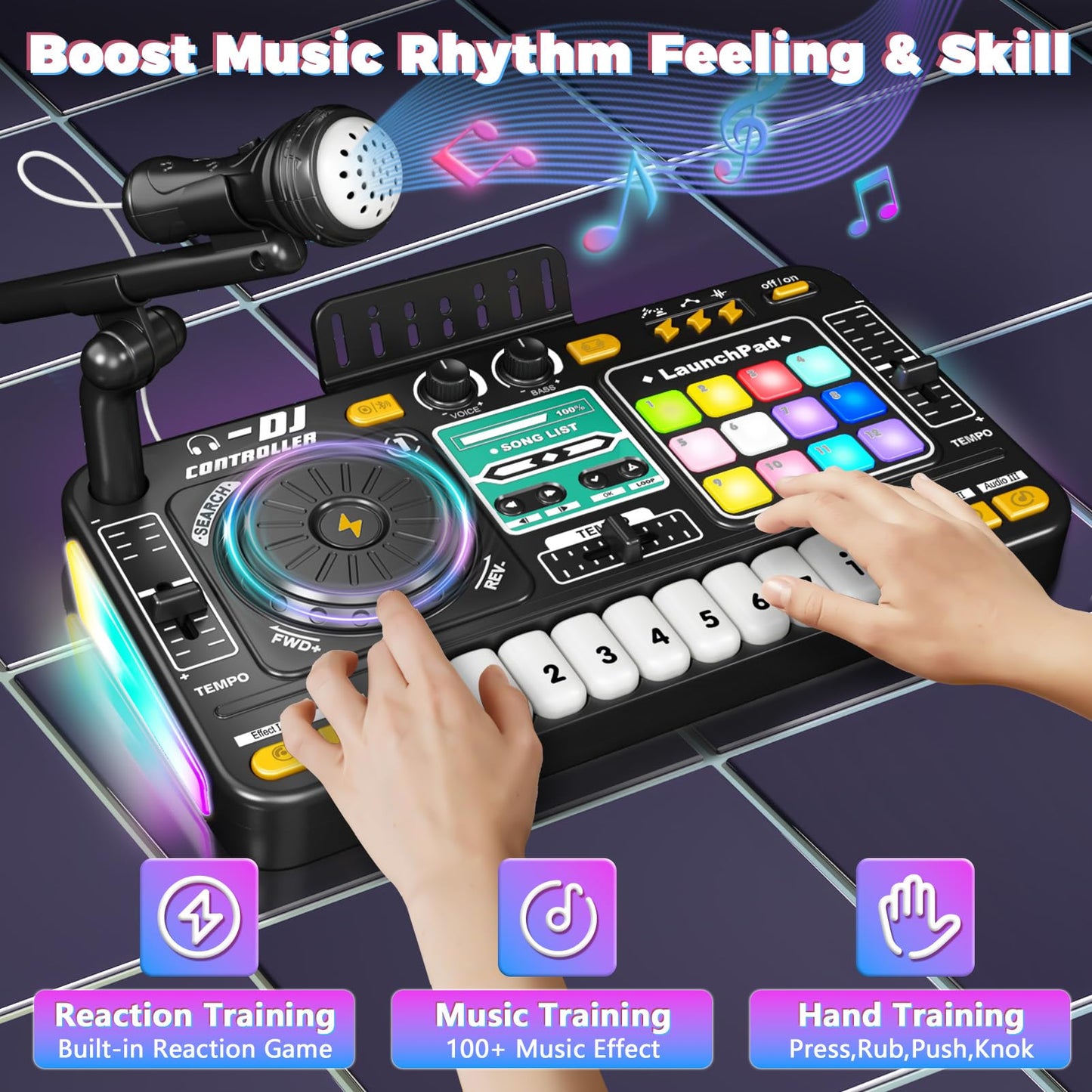 OZMI Kids DJ Music Mixer Table Set – 100+ Sounds, Piano Keys, Disco Lights, Rechargeable