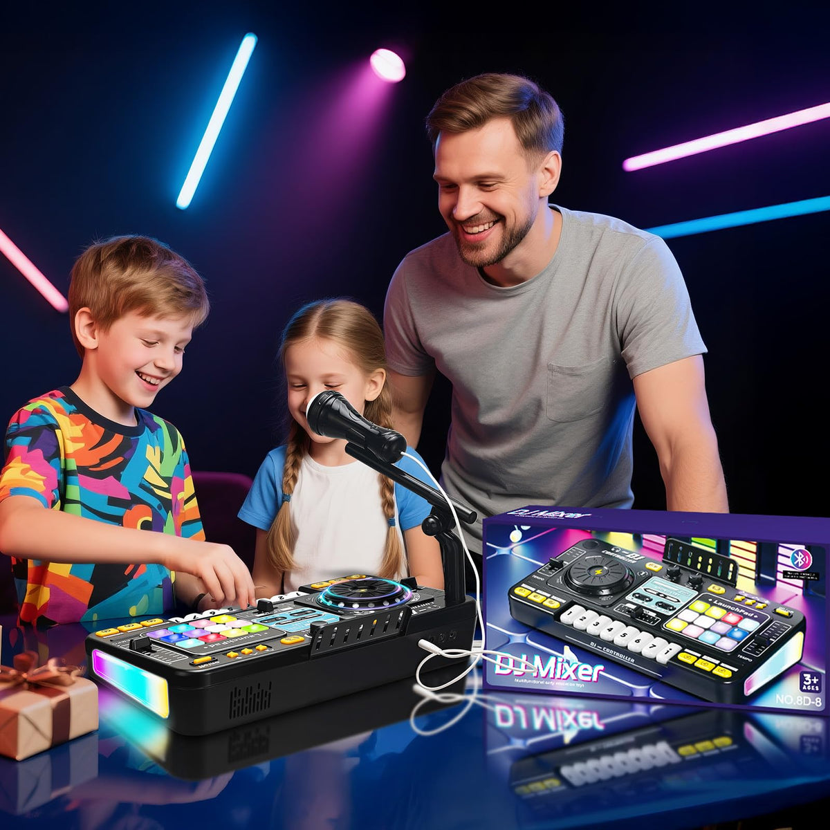 OZMI Kids DJ Music Mixer Table Set – 100+ Sounds, Piano Keys, Disco Lights, Rechargeable