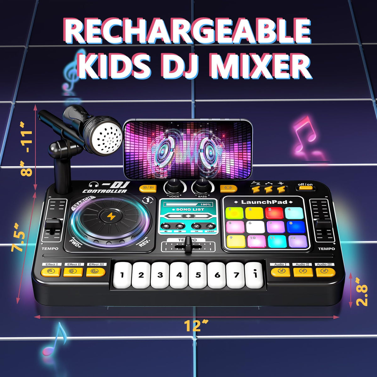 OZMI Kids DJ Music Mixer Table Set – 100+ Sounds, Piano Keys, Disco Lights, Rechargeable
