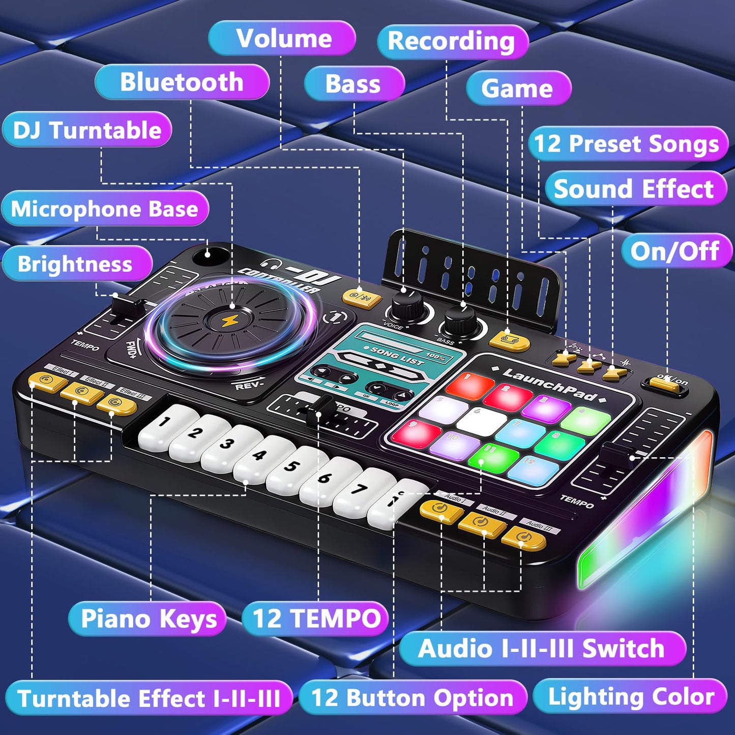 OZMI Kids DJ Music Mixer Table Set – 100+ Sounds, Piano Keys, Disco Lights, Rechargeable