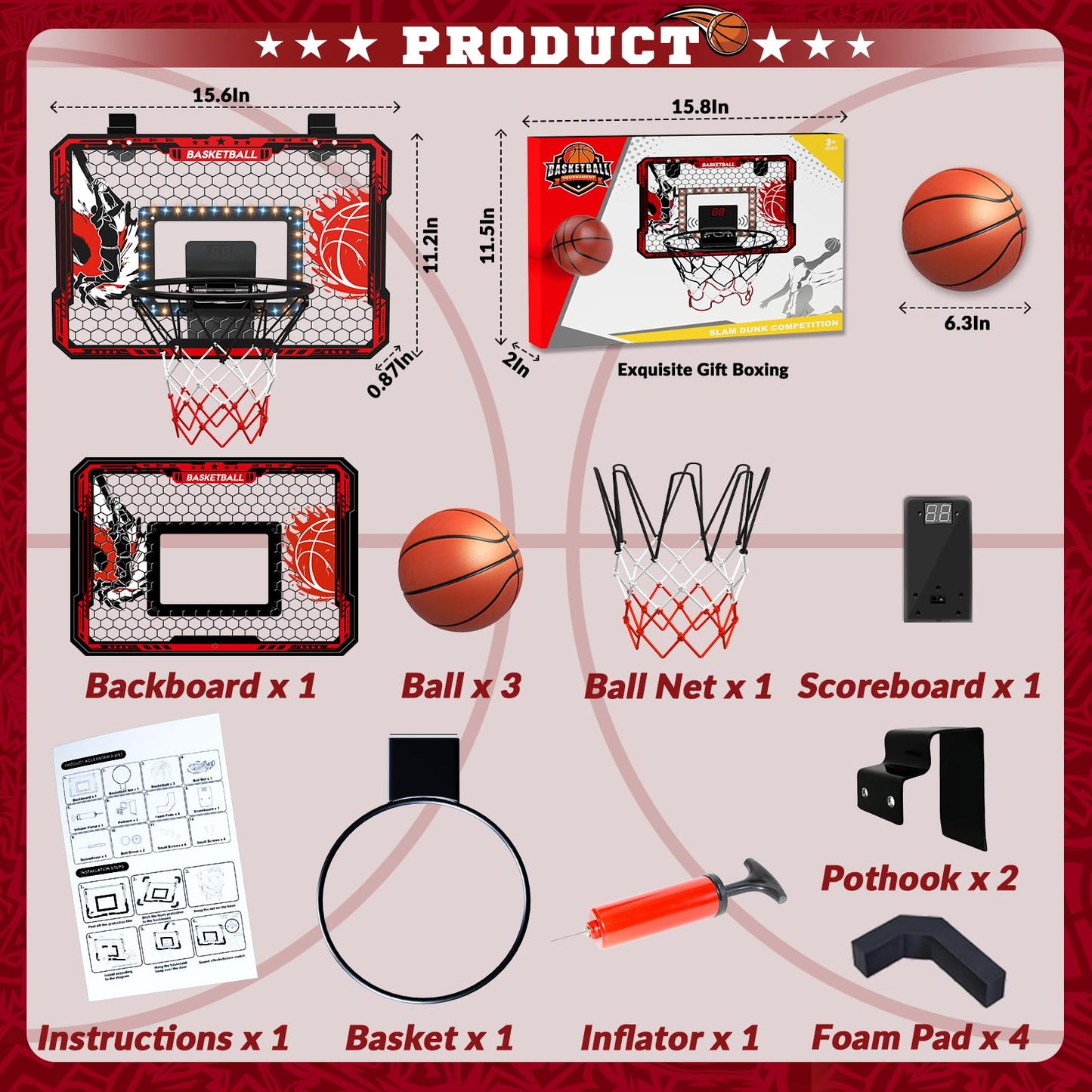 OZMI Over-The-Door Indoor Basketball Hoop for Kids – LED Scoreboard, Slam Dunk Rim, Easy Setup