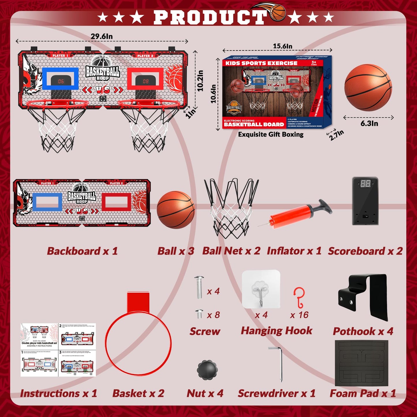 OZMI Double Player Indoor Door Basketball Hoop with LED Scoreboard | 2 Modes