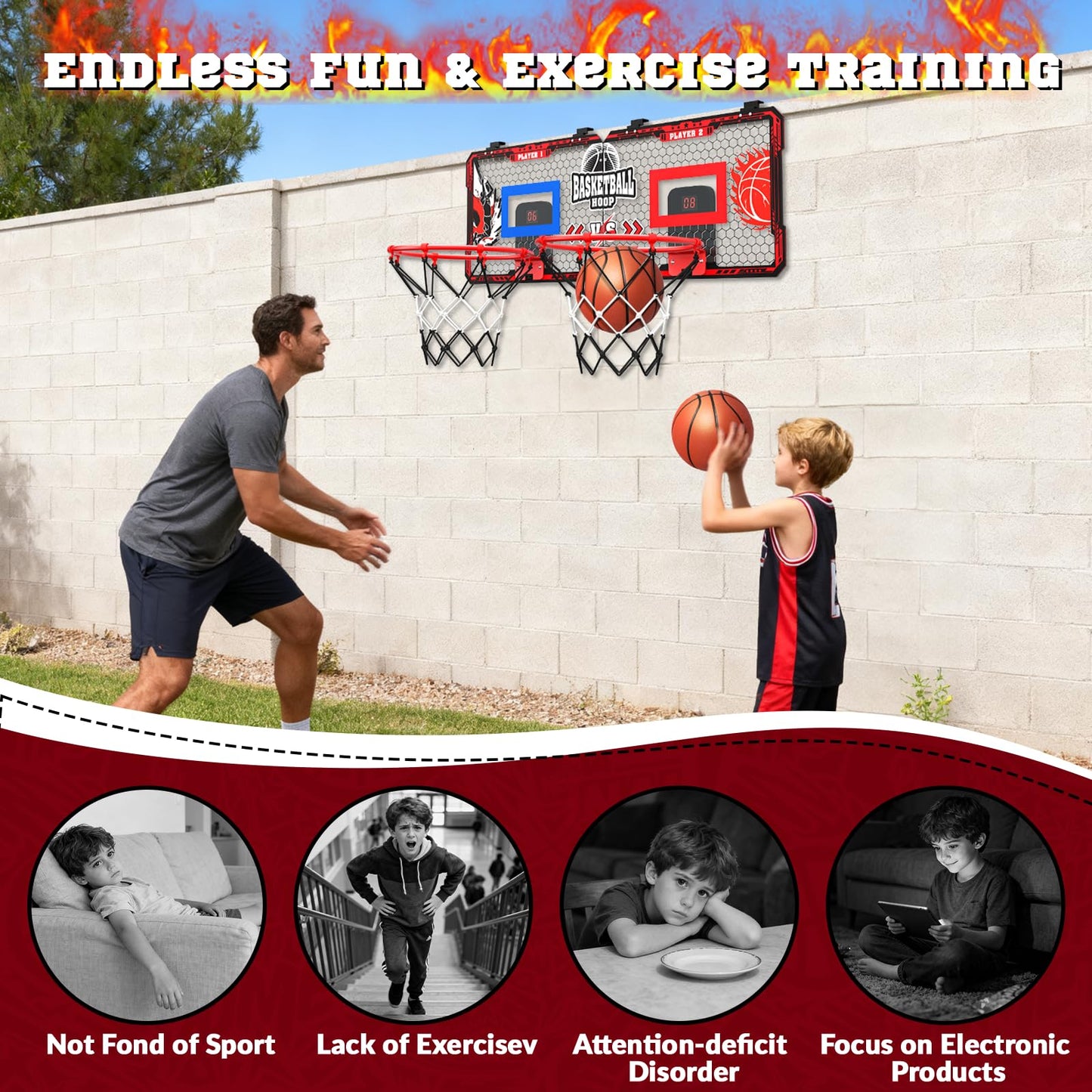 OZMI Double Player Indoor Door Basketball Hoop with LED Scoreboard | 2 Modes