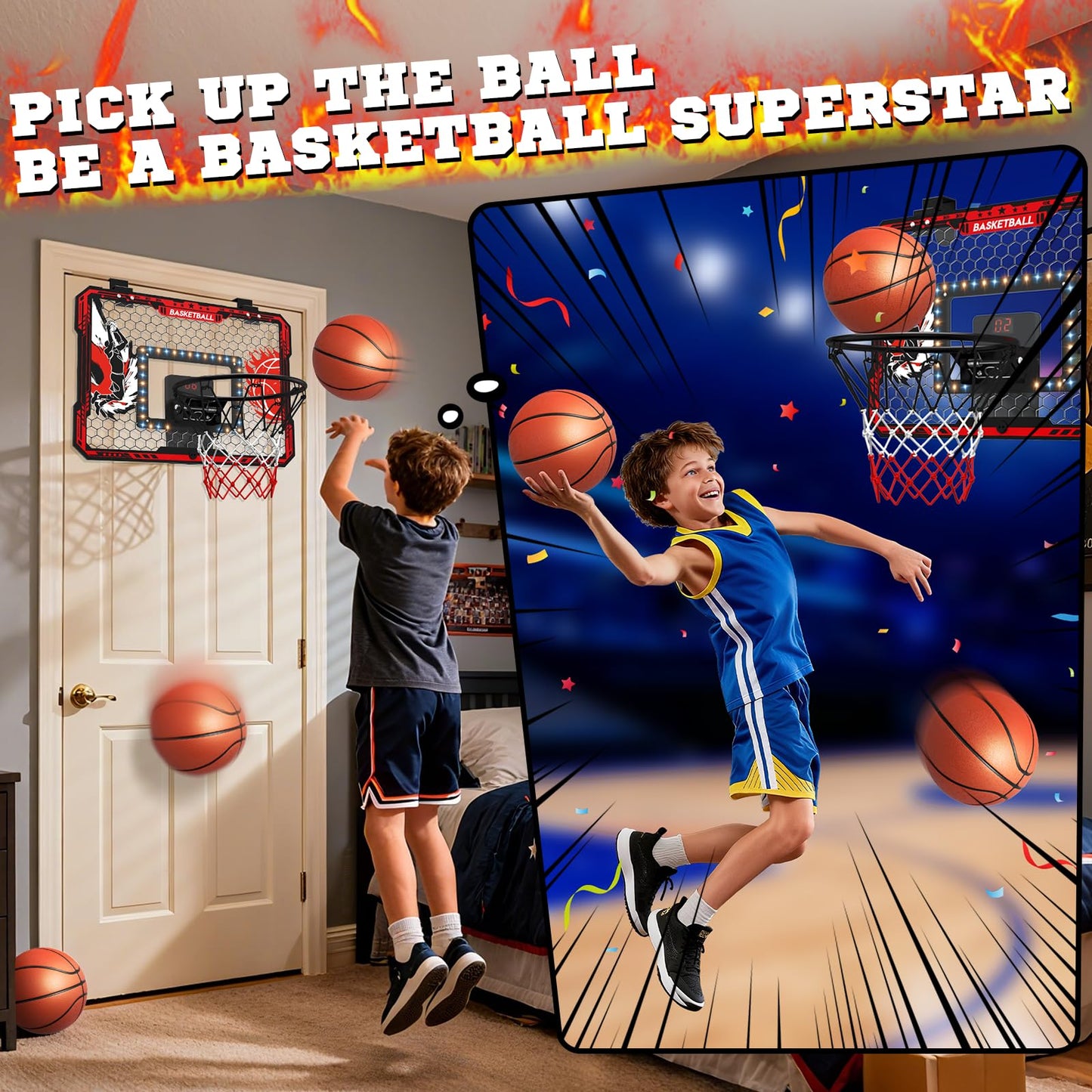 OZMI Over-The-Door Indoor Basketball Hoop for Kids – LED Scoreboard, Slam Dunk Rim, Easy Setup