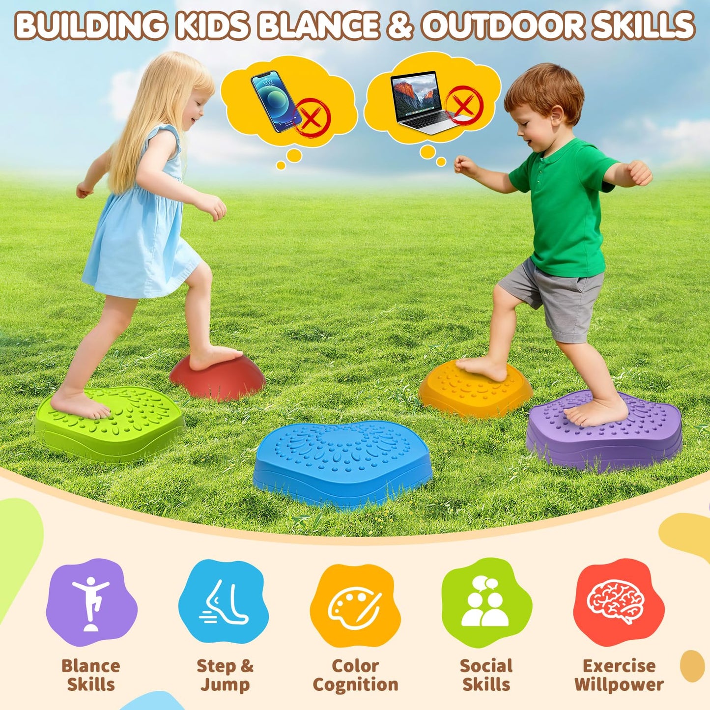 OZMI Stepping Stones for Kids – Non-Slip Balance Stones with Storage Bag