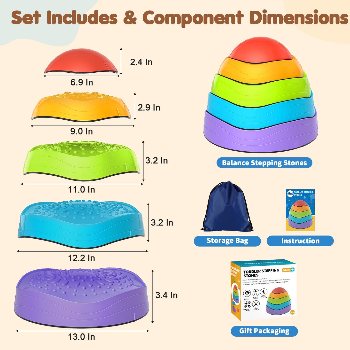 OZMI Stepping Stones for Kids – Non-Slip Balance Stones with Storage Bag