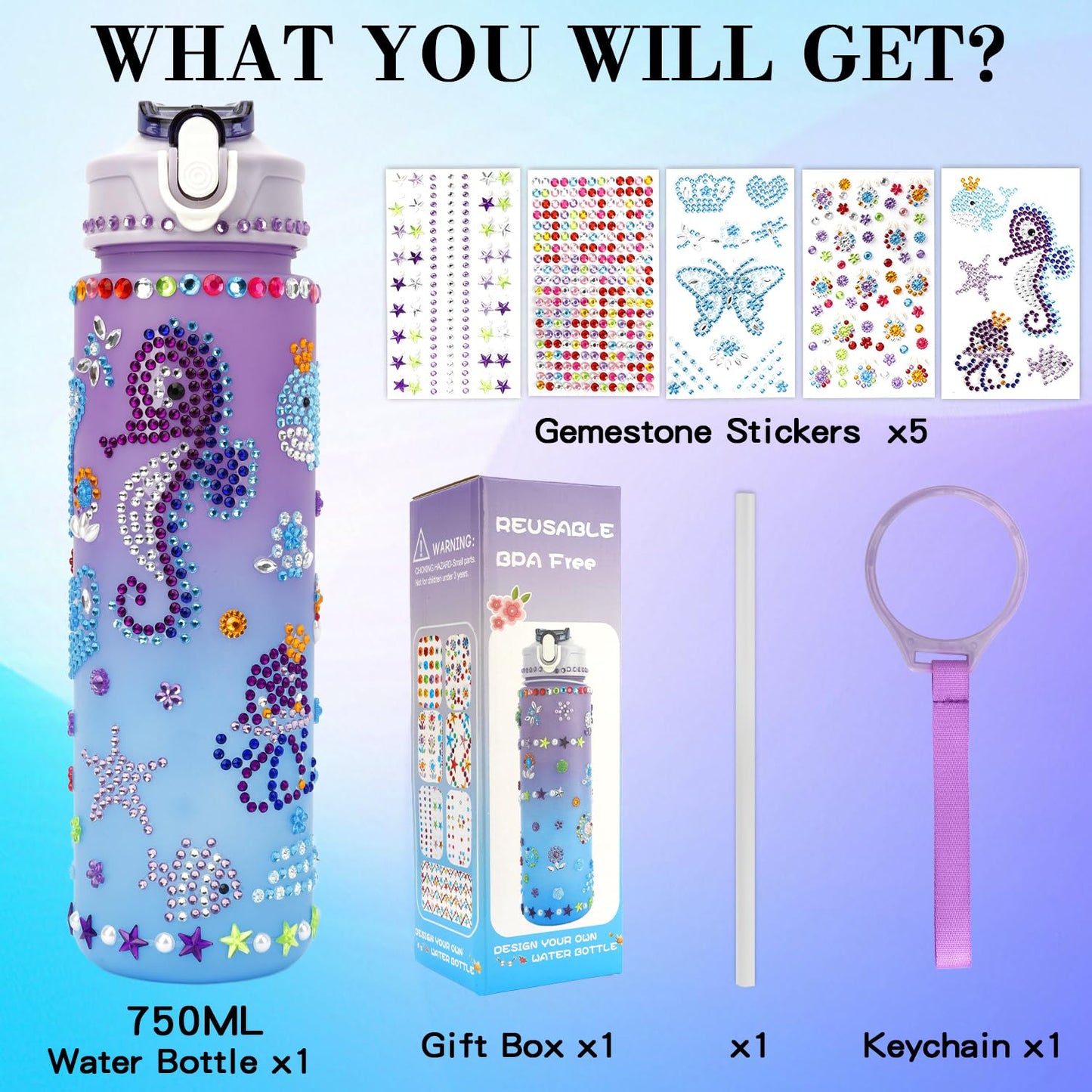 OZOSHINE Water Bottle DIY Kit for Girls – Valentines Gift & Craft (Ages 4-12)