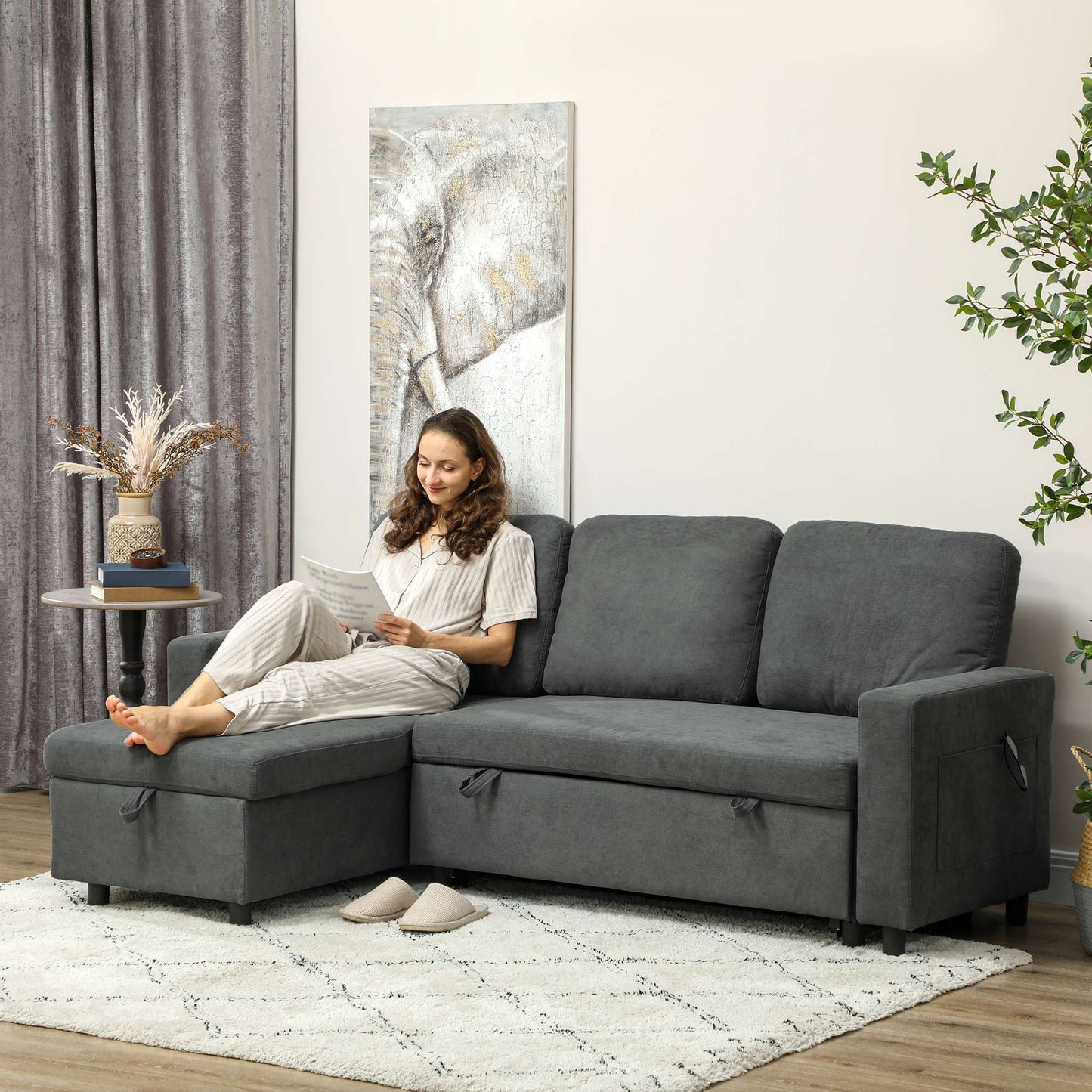 HOMCOM Pull Out Sofa Bed L Shape Corner Sofa w/ Reversible Chaise