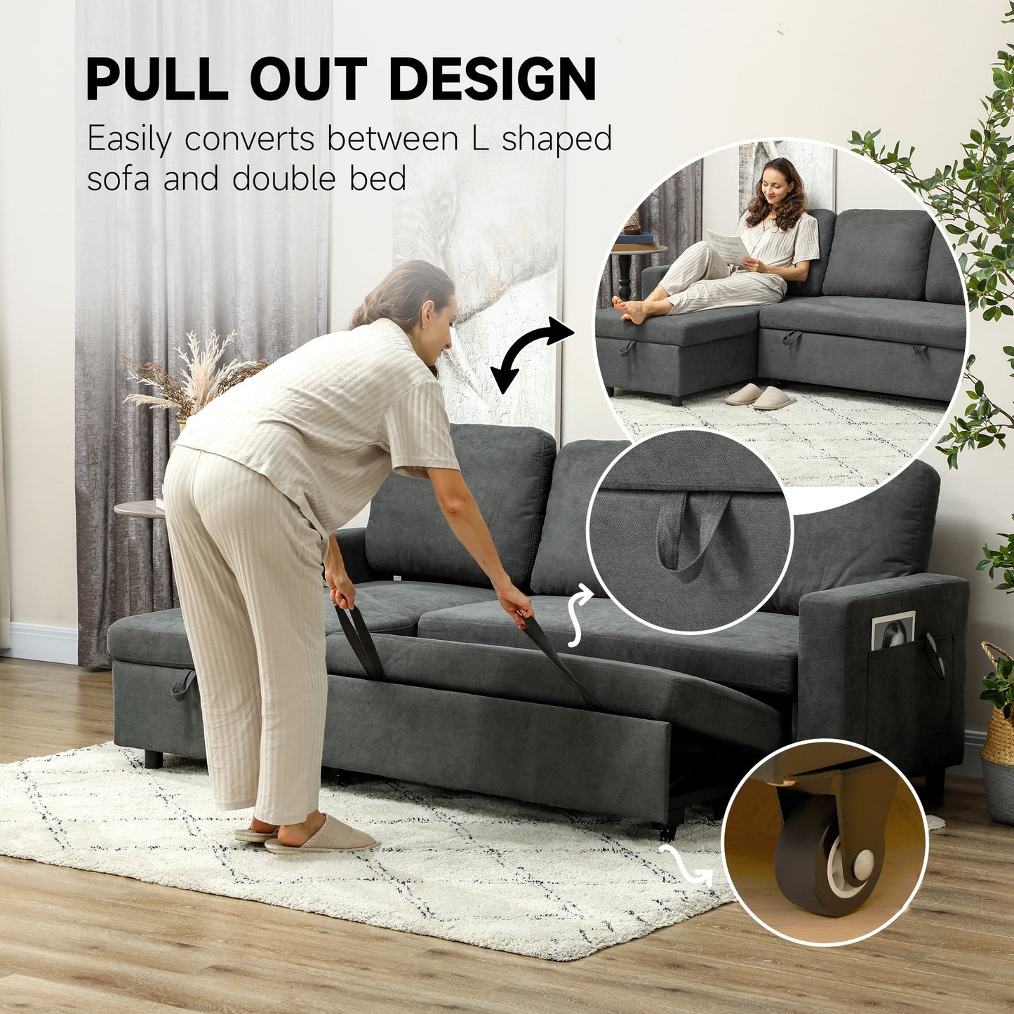 HOMCOM Pull Out Sofa Bed L Shape Corner Sofa w/ Reversible Chaise
