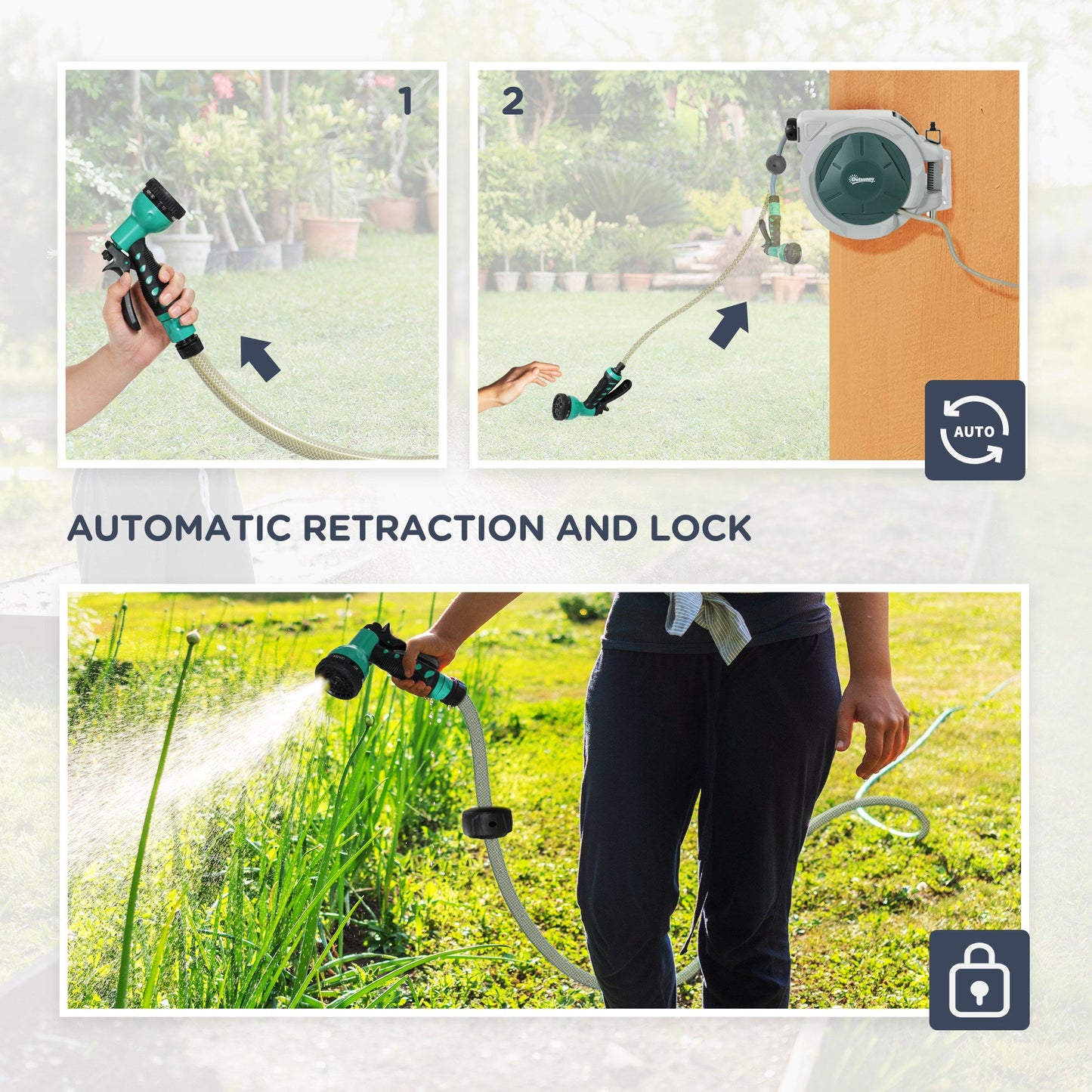 Outsunny Retractable Hose Reel Wall Mounted with Lock, Grey