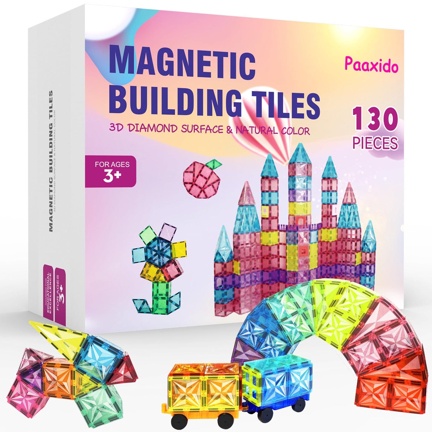 Paaxido 130PCS Magnetic Tiles with 2 Cars – 4D Diamond STEM Building Set