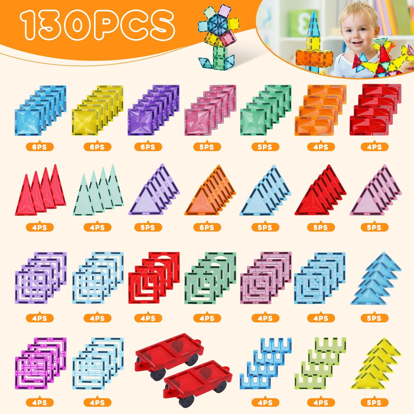 Paaxido 130PCS Magnetic Tiles with 2 Cars – 4D Diamond STEM Building Set