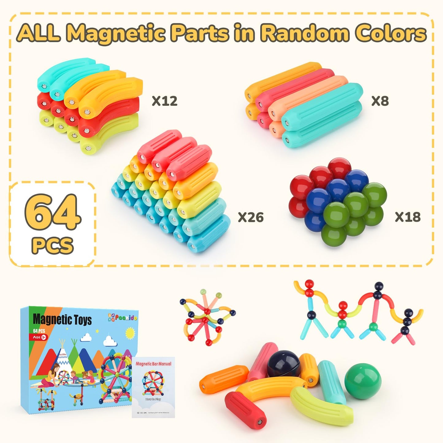 Paaxido 64PCS Magnetic Building Blocks – STEM Toy Set for Kids 3–8+ | Strong Magnets, Creative Construction