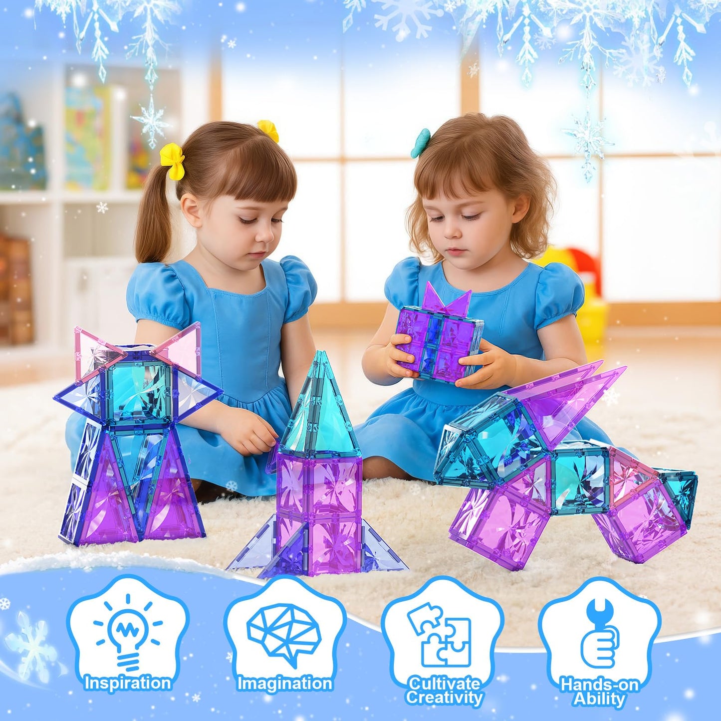 Paaxido Magnetic Tiles 102 Pieces – Diamond Ice Castle Building Blocks for Kids 3-8
