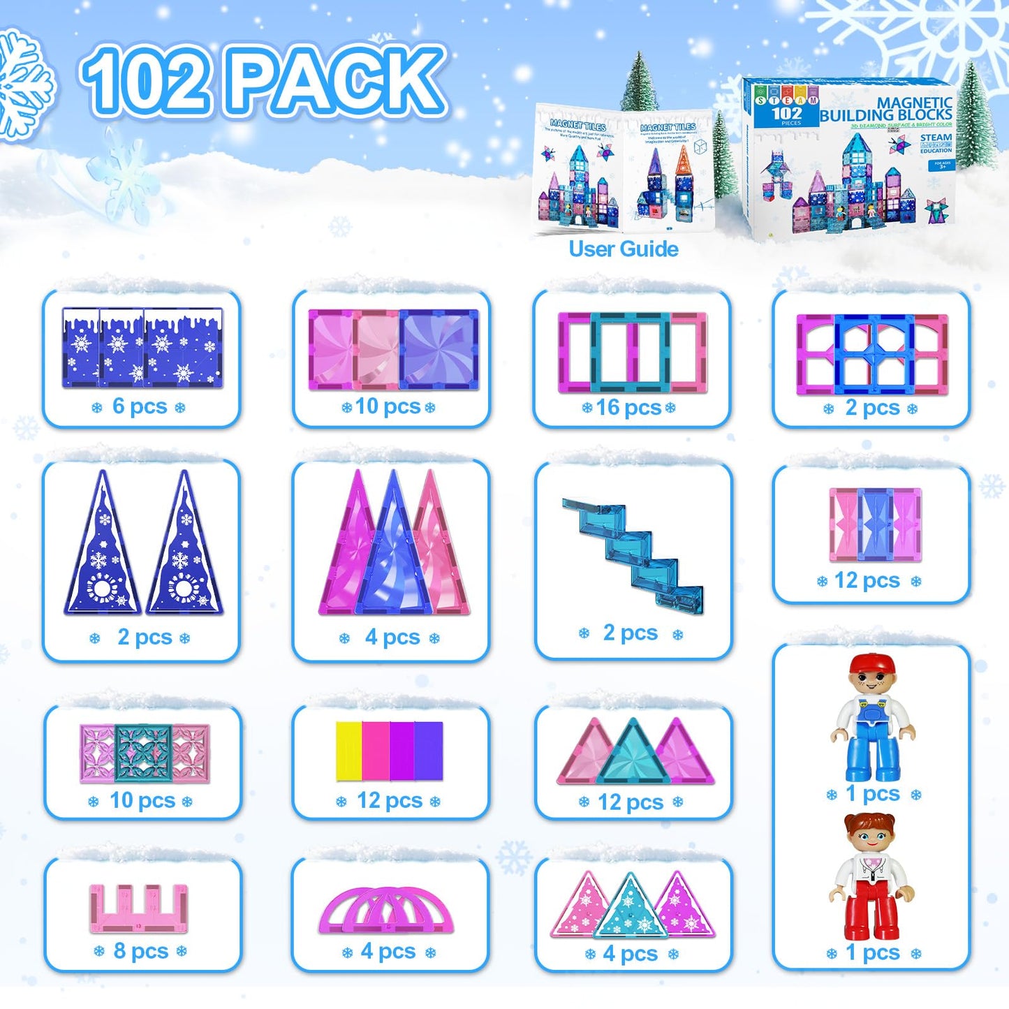 Paaxido Magnetic Tiles 102 Pieces – Diamond Ice Castle Building Blocks for Kids 3-8