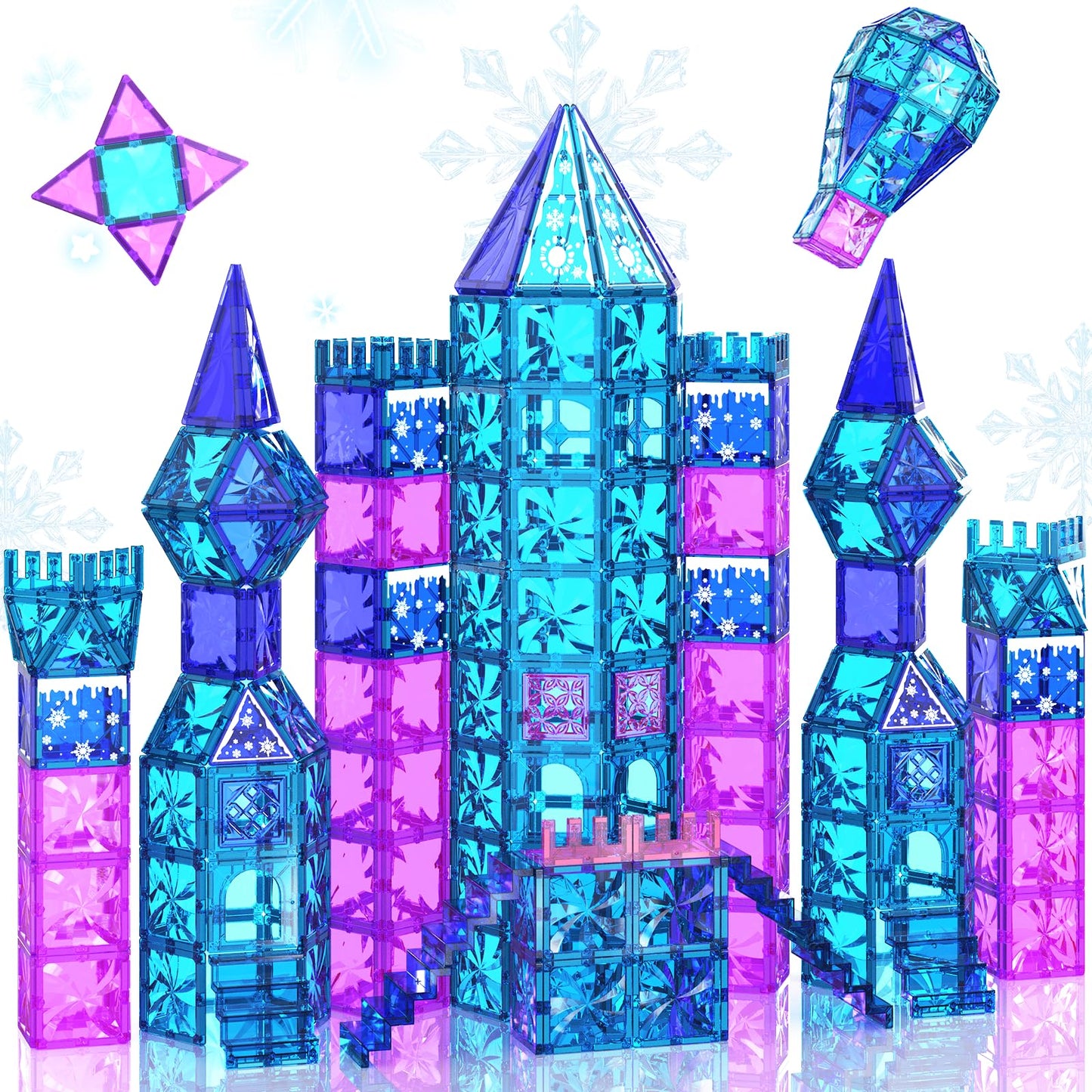 Paaxido Magnetic Tiles 102 Pieces – Diamond Ice Castle Building Blocks for Kids 3-8