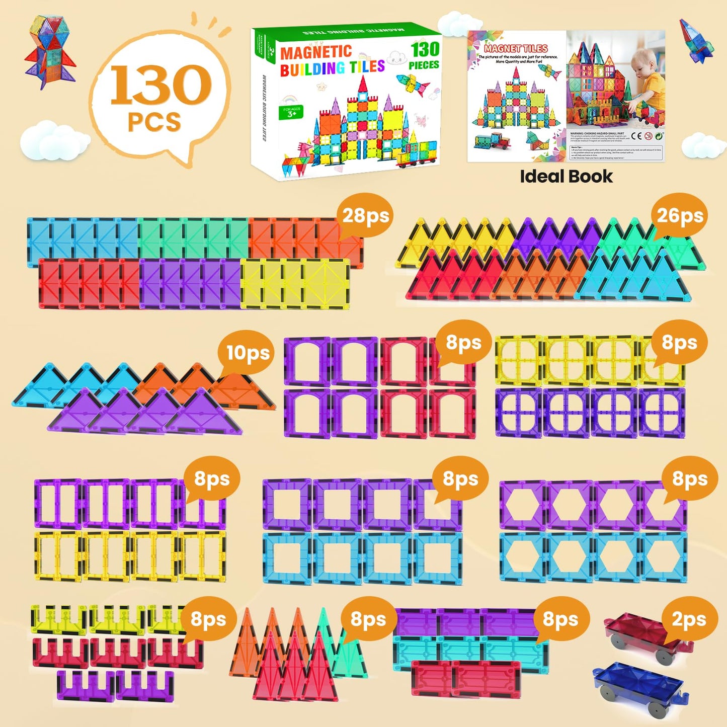 Paaxido Magnetic Tiles 130PC — STEM Building Blocks for Kids