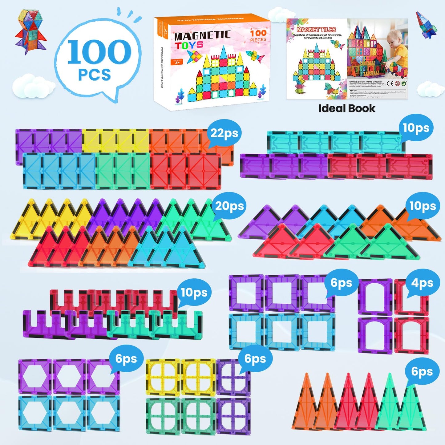 Paaxido Magnetic Tiles – 100-Piece STEM Building Blocks for Kids 3-8