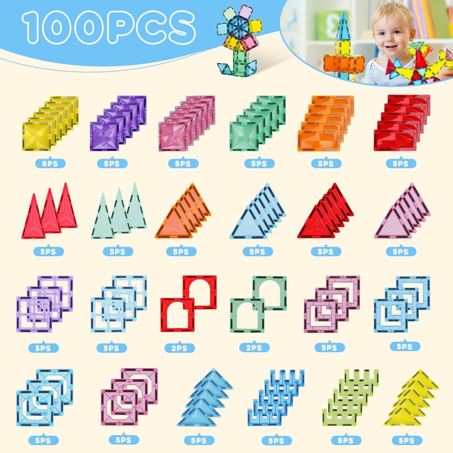 Paaxido Magnetic Tiles 100PCS – 4D Diamond STEM Blocks for Kids 3-8