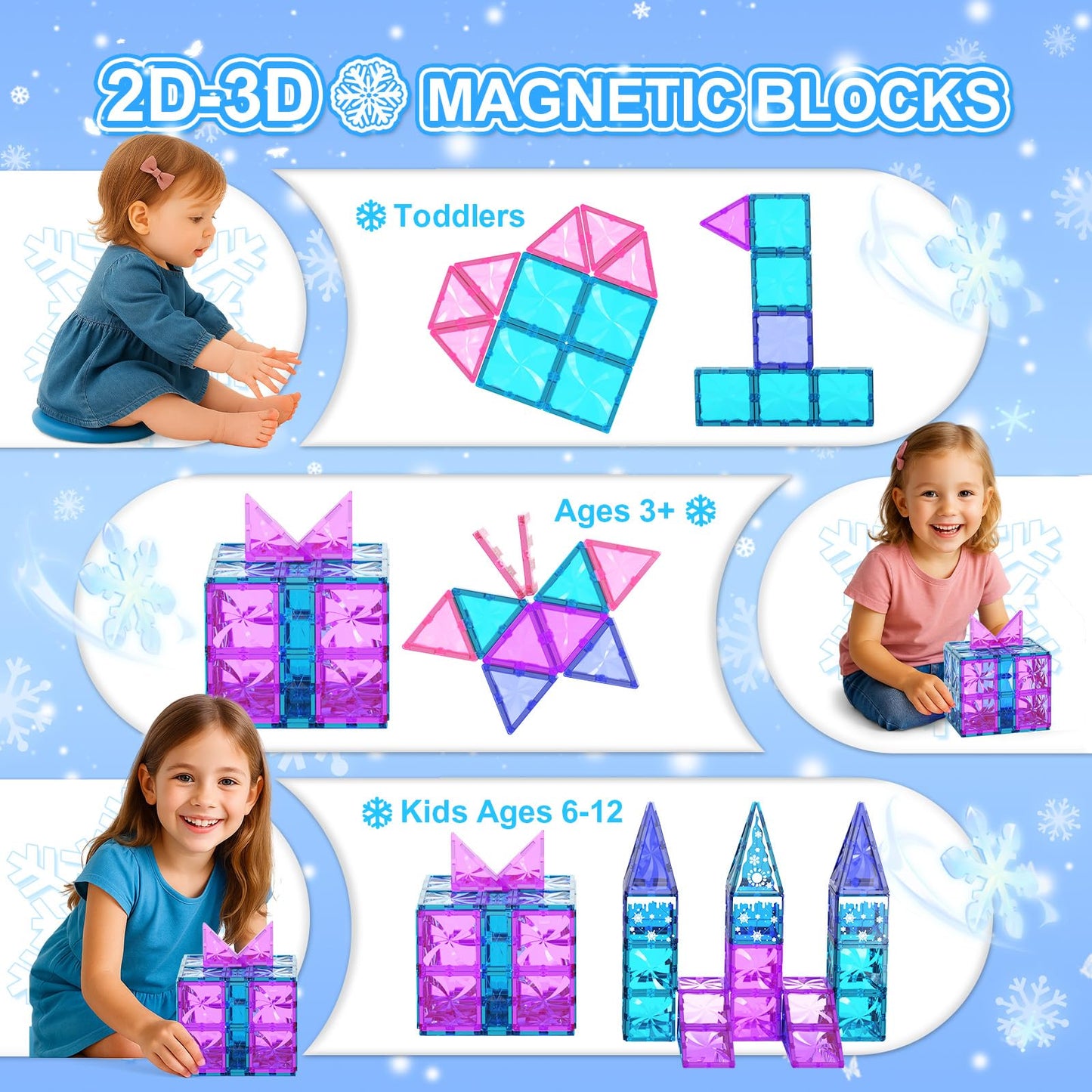 Paaxido Magnetic Tiles 102 Pieces – Diamond Ice Castle Building Blocks for Kids 3-8