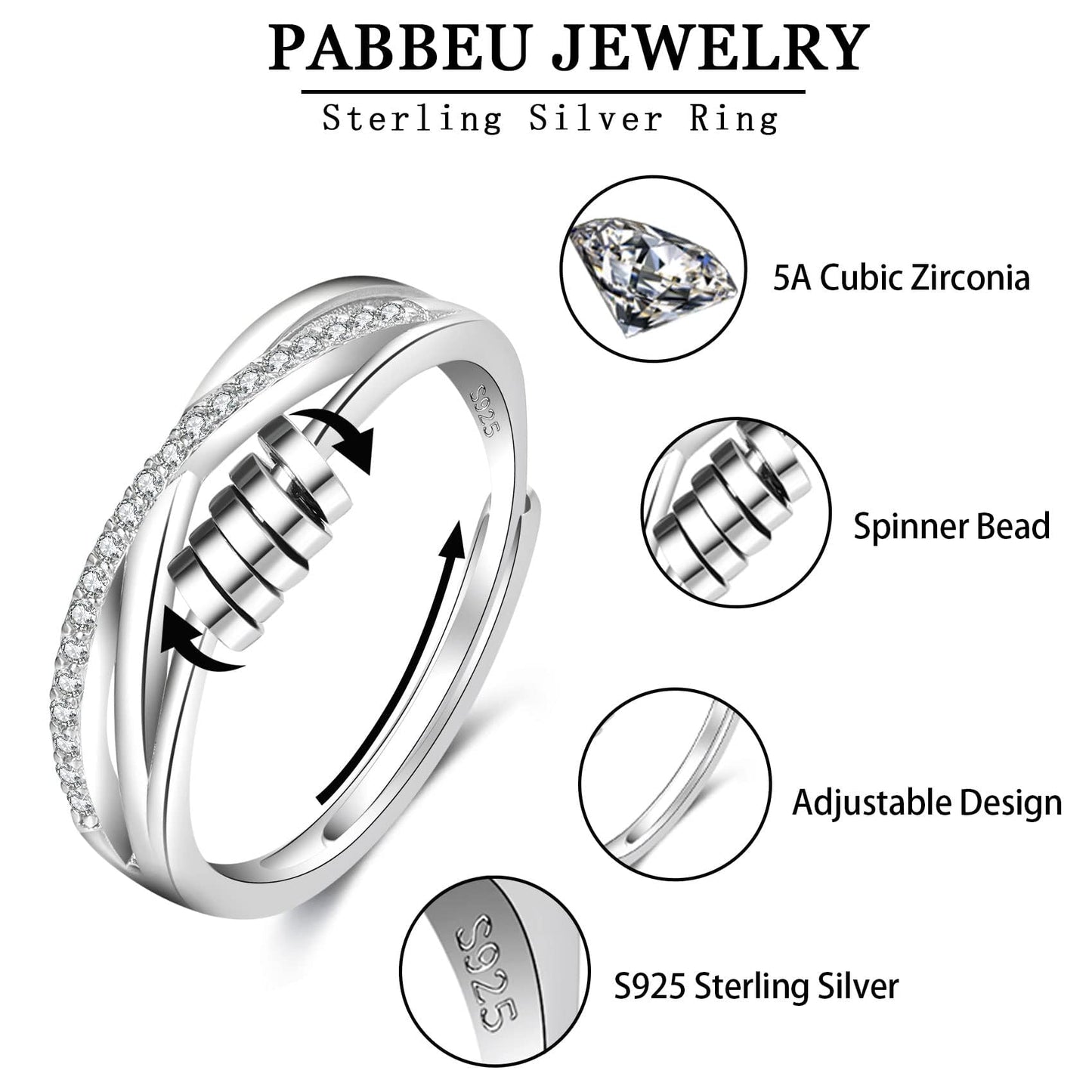 PABBEU Anxiety Ring for Women – 925 Sterling Silver Spinner Fidget Ring