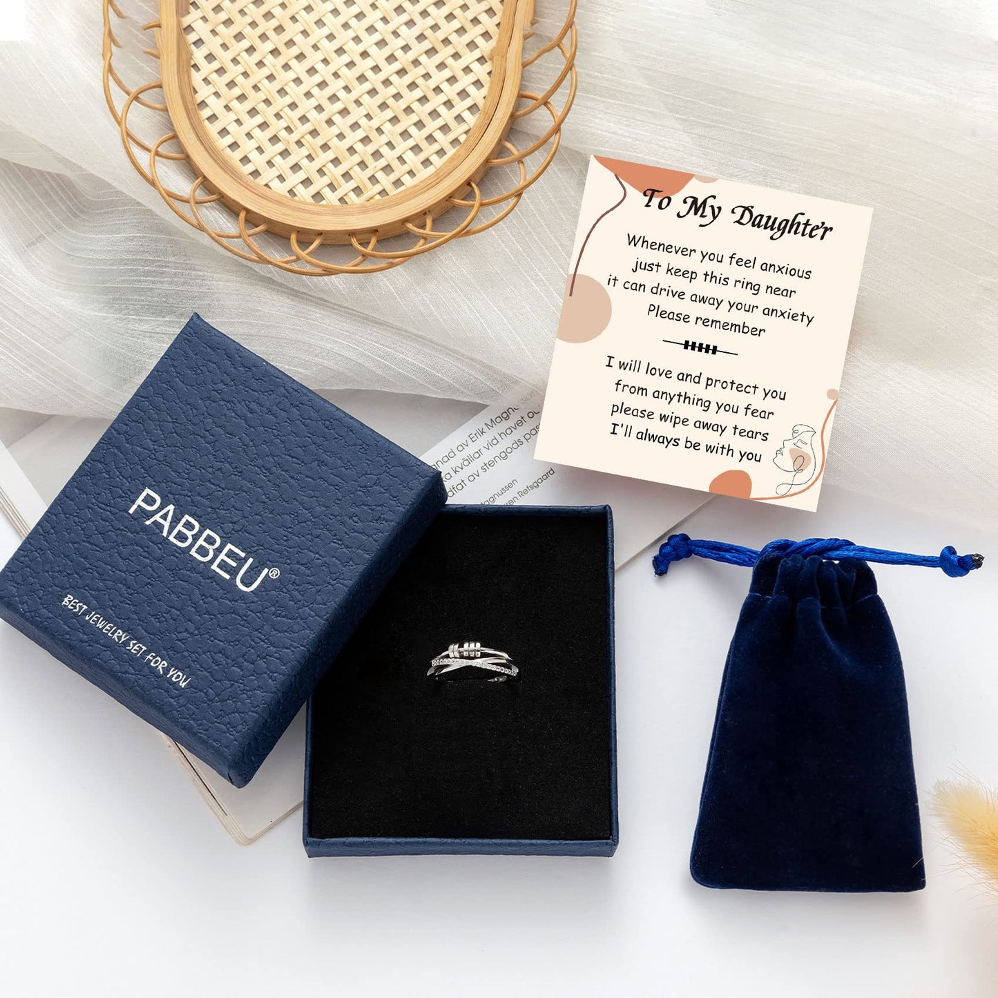 PABBEU To My Daughter: 925 Sterling Silver Anxiety Ring | Fidget Bead Spinner