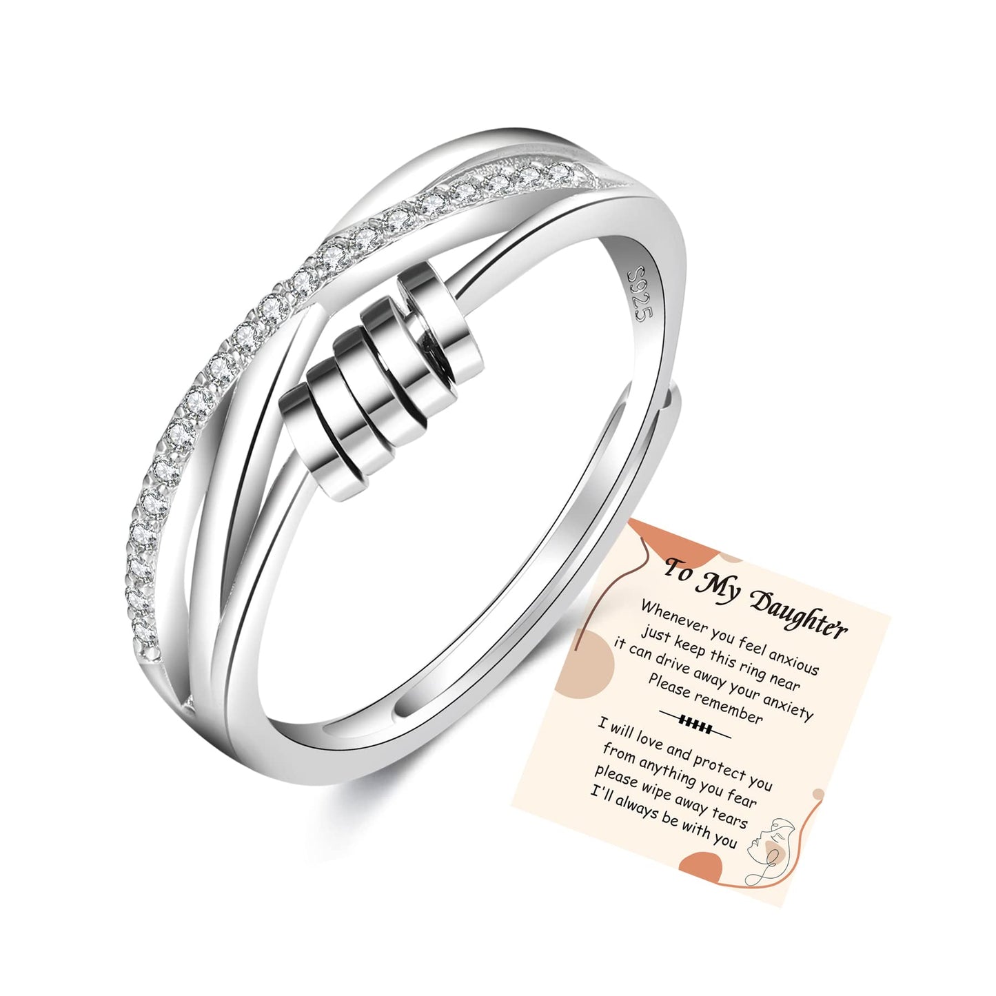 PABBEU To My Daughter: 925 Sterling Silver Anxiety Ring | Fidget Bead Spinner