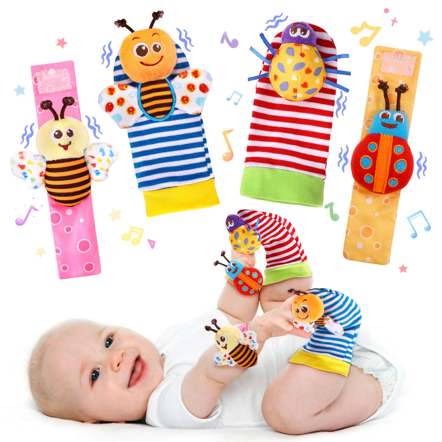 PADONISE Baby Wrist Rattle Socks & Foot Finder Set – 0-12 Months