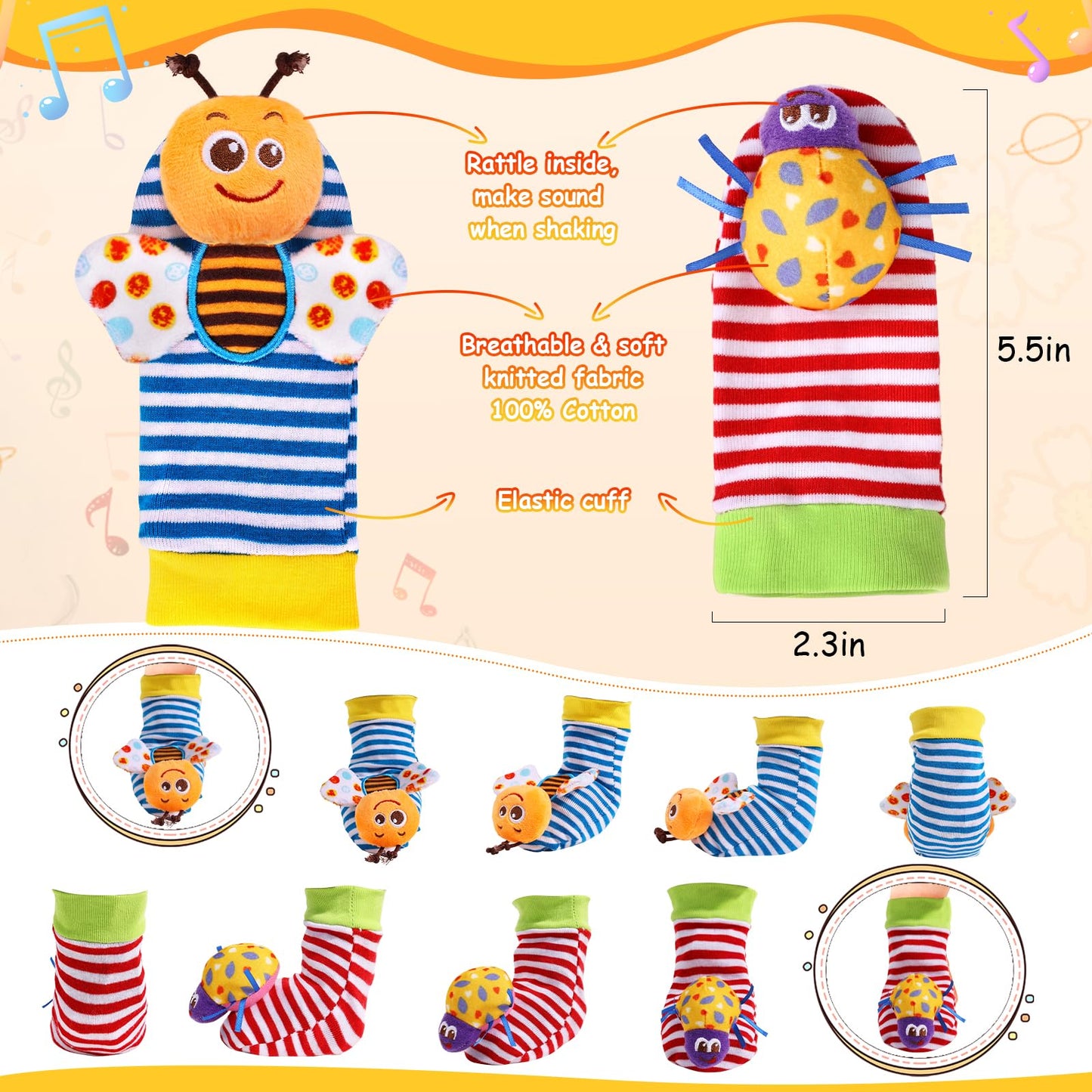 PADONISE Baby Wrist Rattle Socks & Foot Finder Set – 0-12 Months