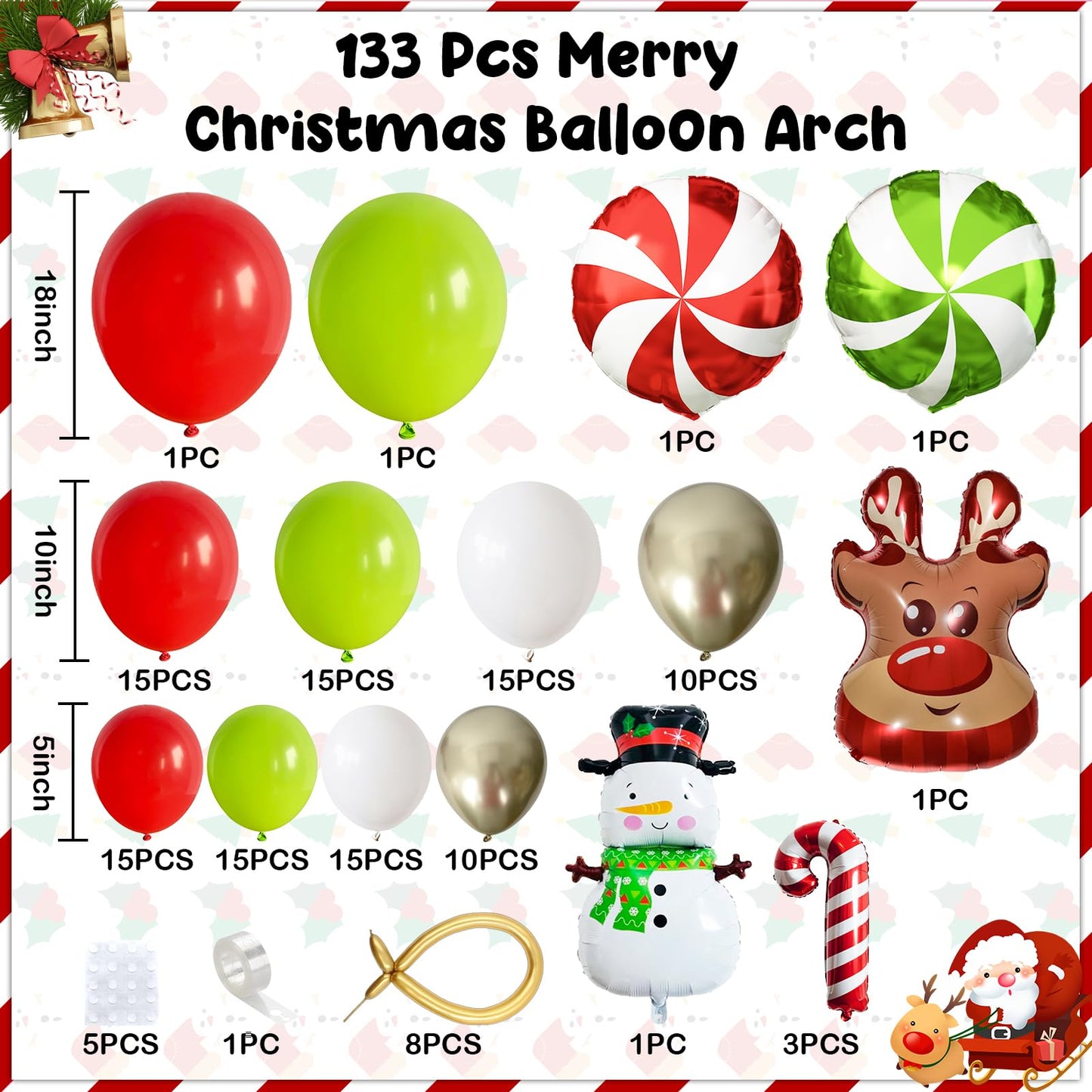 Paeyeq Christmas Balloon Arch Kit - Red Green Gold White with Snowman & Reindeer Foil Balloons