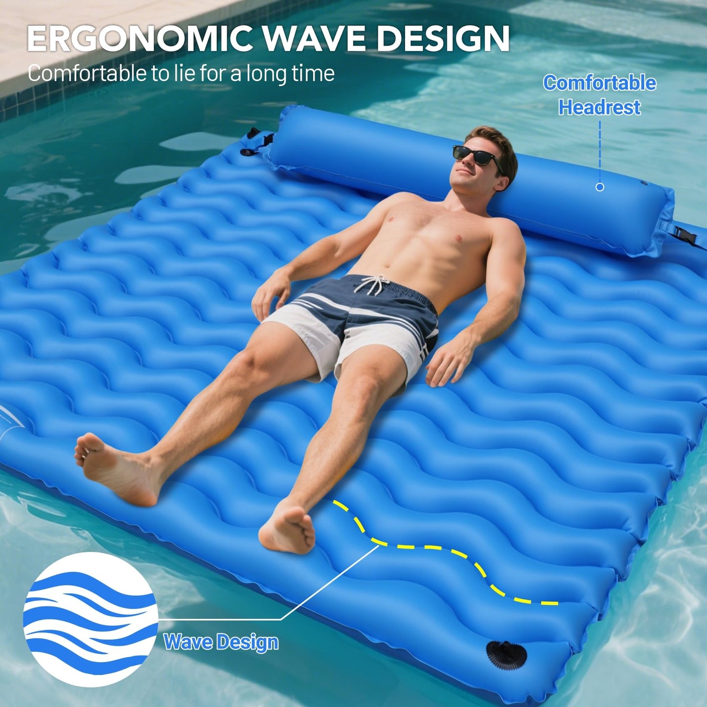 Pafolo 2-Person Inflatable Pool Float – 71x71 in Lounger with Headrest
