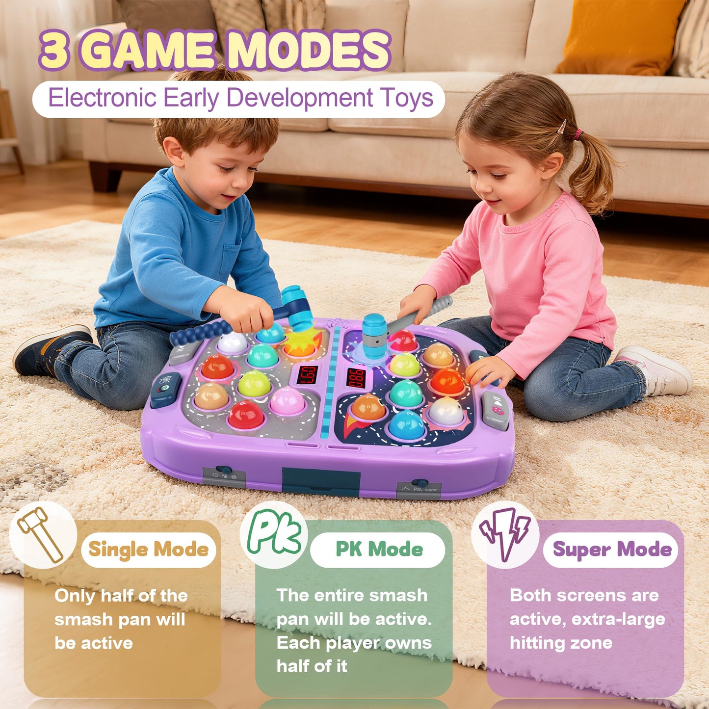 Pafolo Whack Mole – 2-Player Kids Toy with Lights and Sounds, 11x15in, 54 Levels, 9 Speeds, 5 Modes