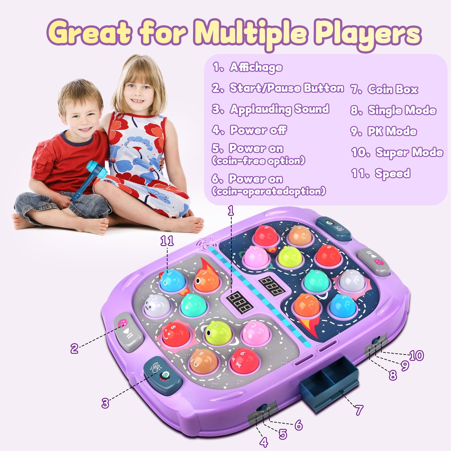 Pafolo Whack Mole – 2-Player Kids Toy with Lights and Sounds, 11x15in, 54 Levels, 9 Speeds, 5 Modes