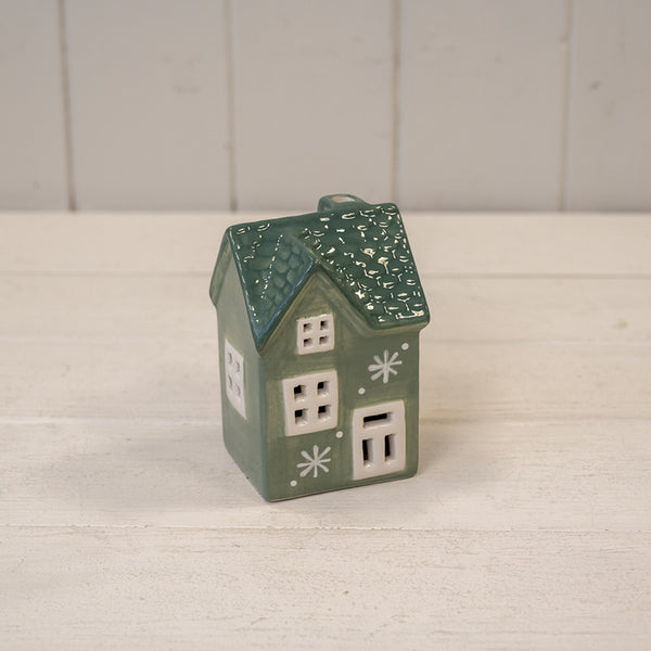 Green Ceramic LED House with Double Snowflake Detail. 6 Hour Timer