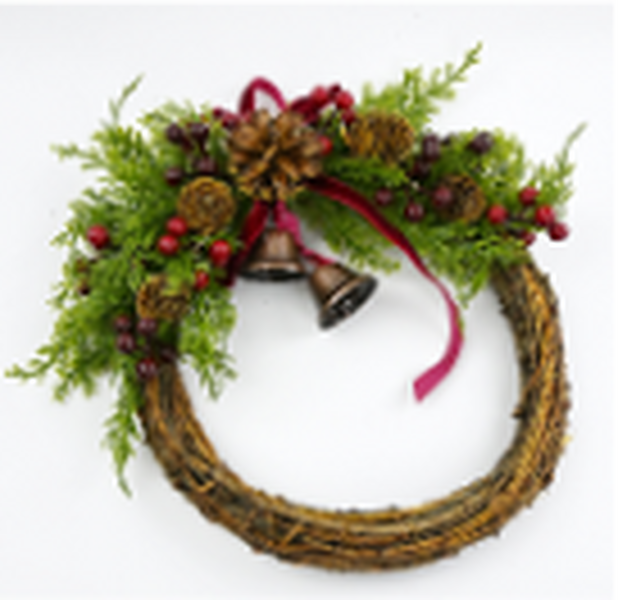 Twig Wreath With Red Berry, Pinecones with Bells and Bow Detail Medium