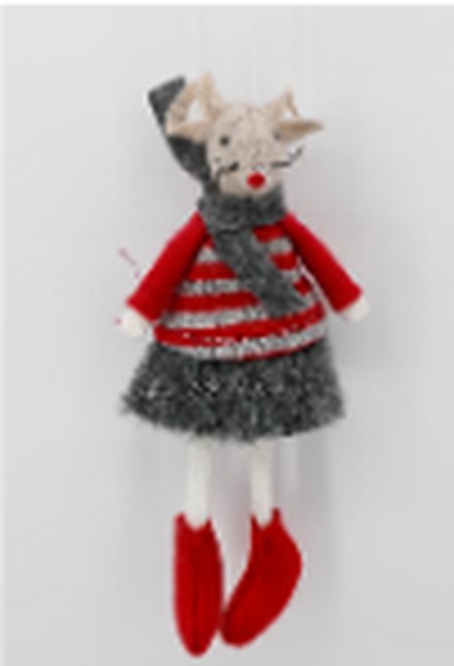Fabric Hanging Girl Mouse in Red and Grey Stripey Outfit